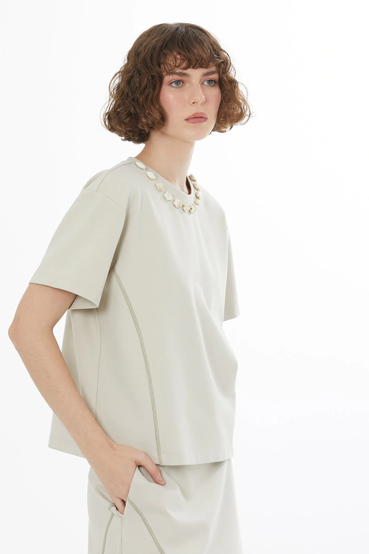 Beige Topstitched Embroidered T-Shirt - Image 3