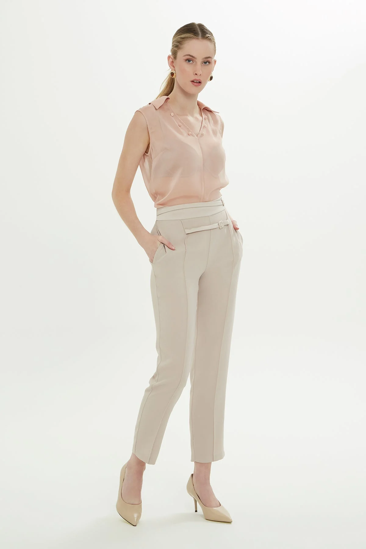 Beige Trousers with Belt Detail - Image 3