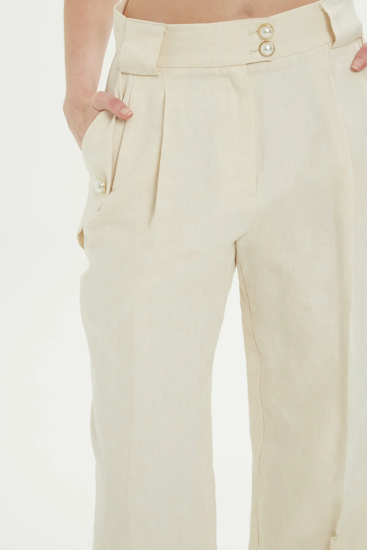 Beige Trousers with Gold Button Detail - Image 2