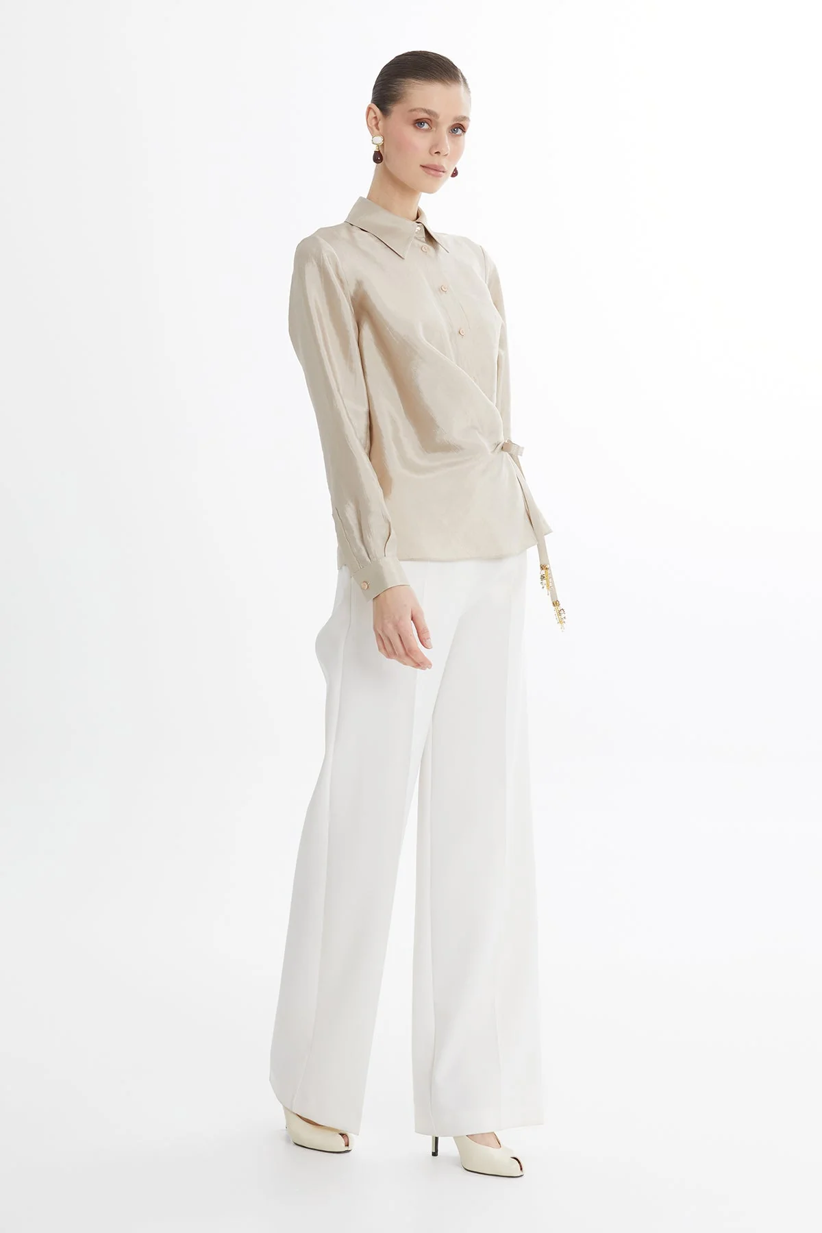 Beige Wrap Tie Shirt - Image 4