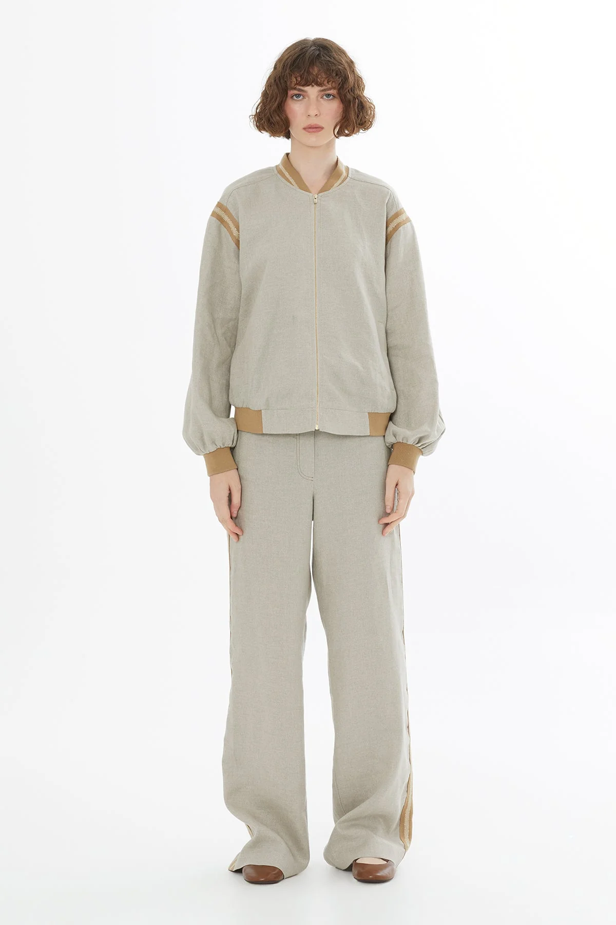 Beige Zip-Front Linen Jacket