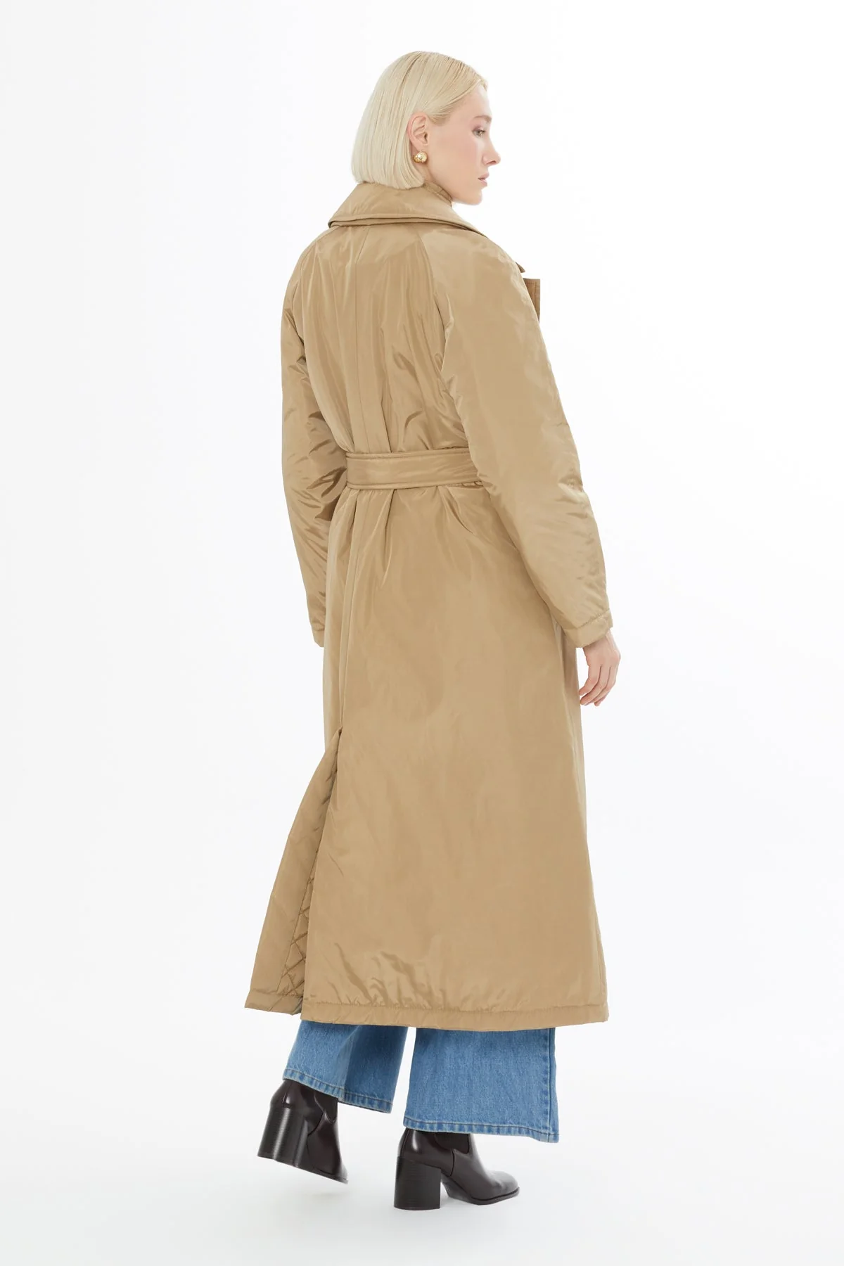 Belted Long Beige Trench Coat - Image 4