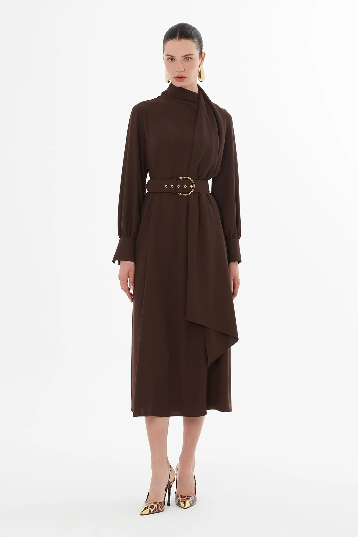 Belted Long Sleeve Midi Dress