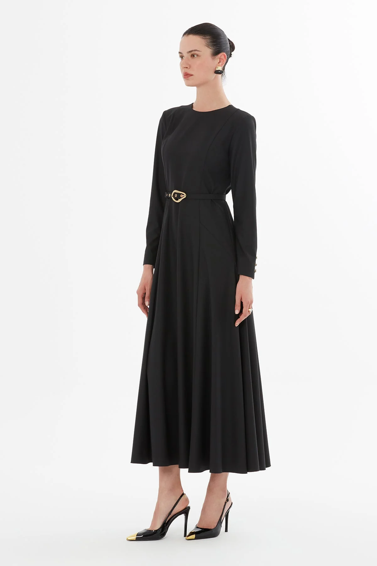 Black Belted Pleated Midi Dress - Image 3