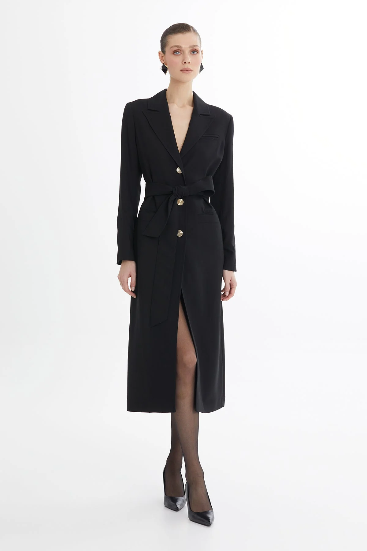 Black Belted Wool-Linen Jacket