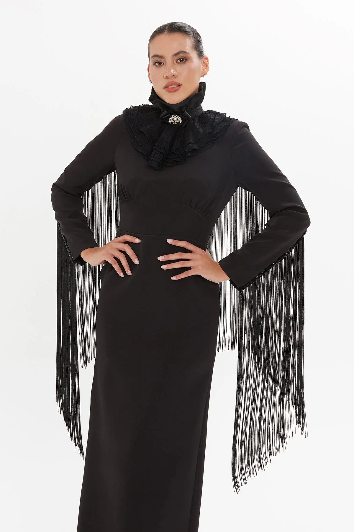 Black Brooch Detail Collar Top - Image 3