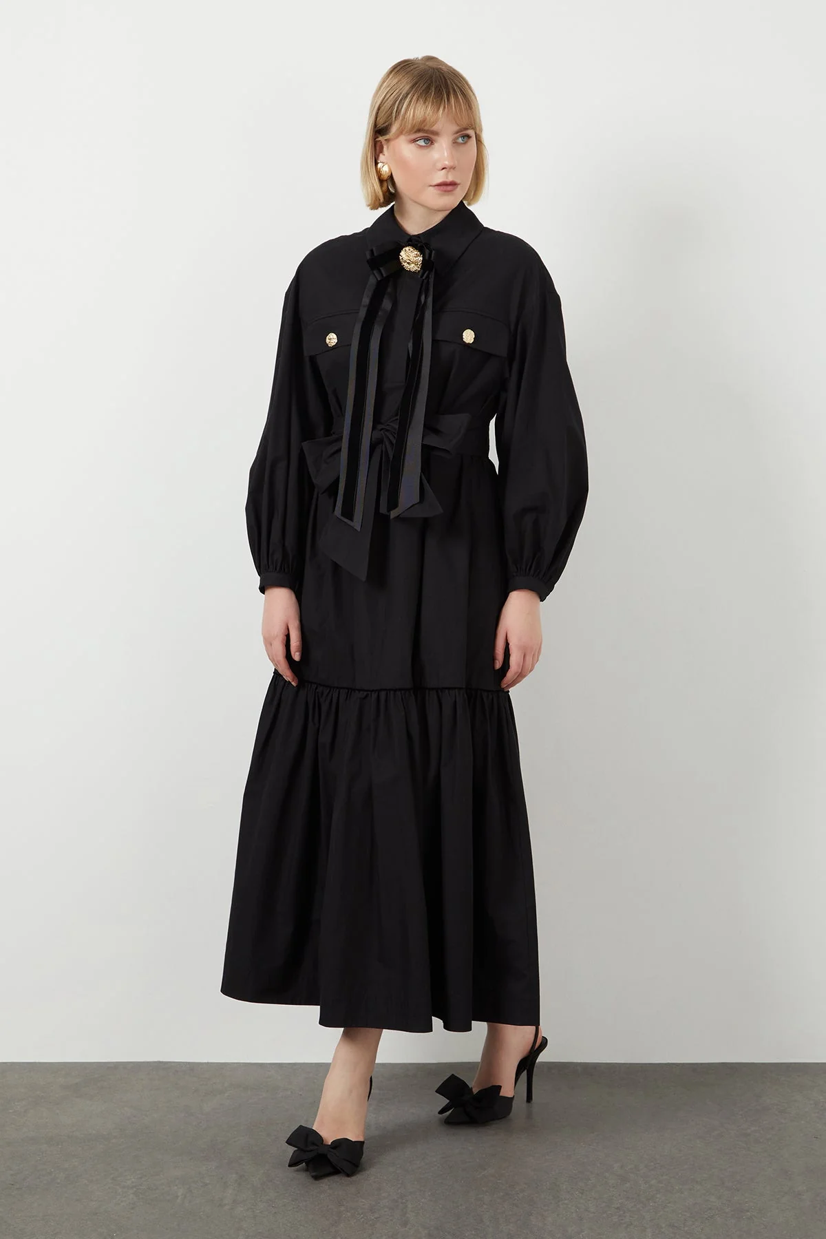 Black Button-Detail Midi Dress