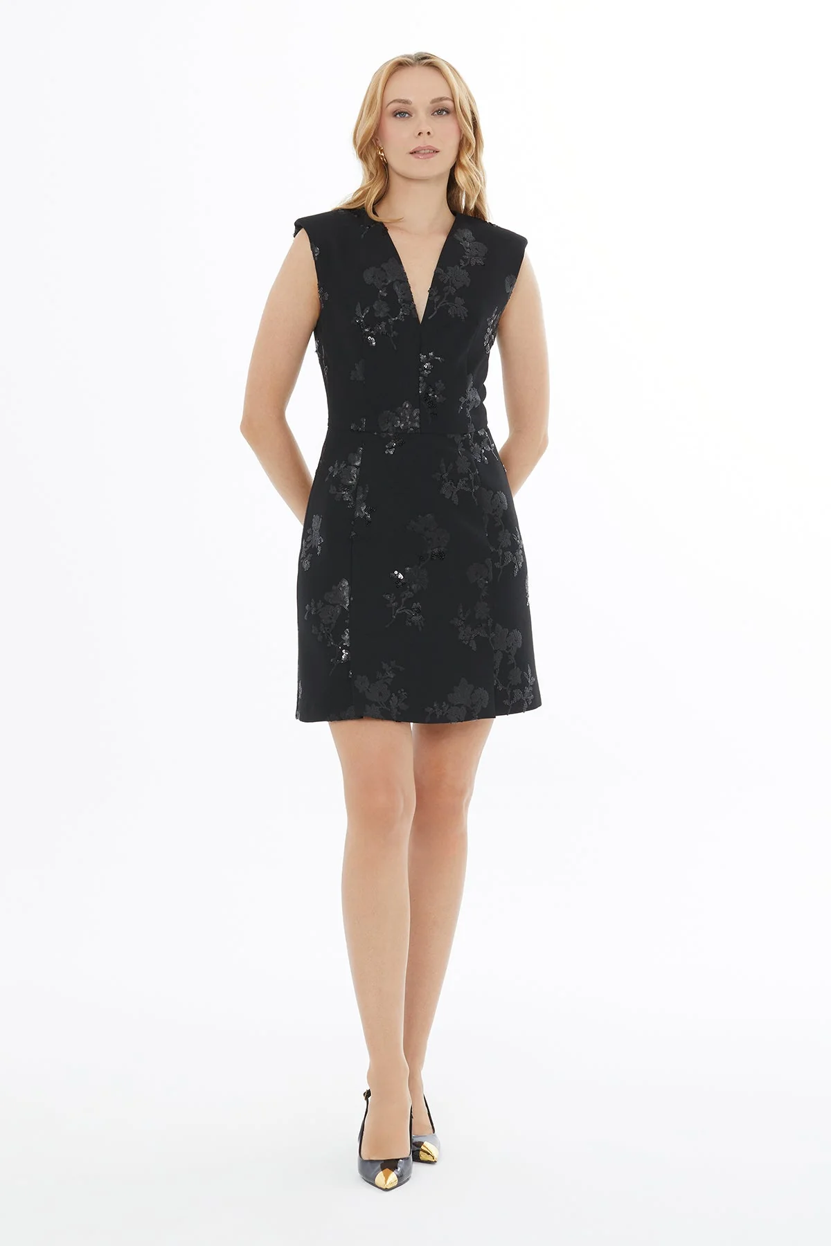Black Embroidered V-Neck Mini Dress