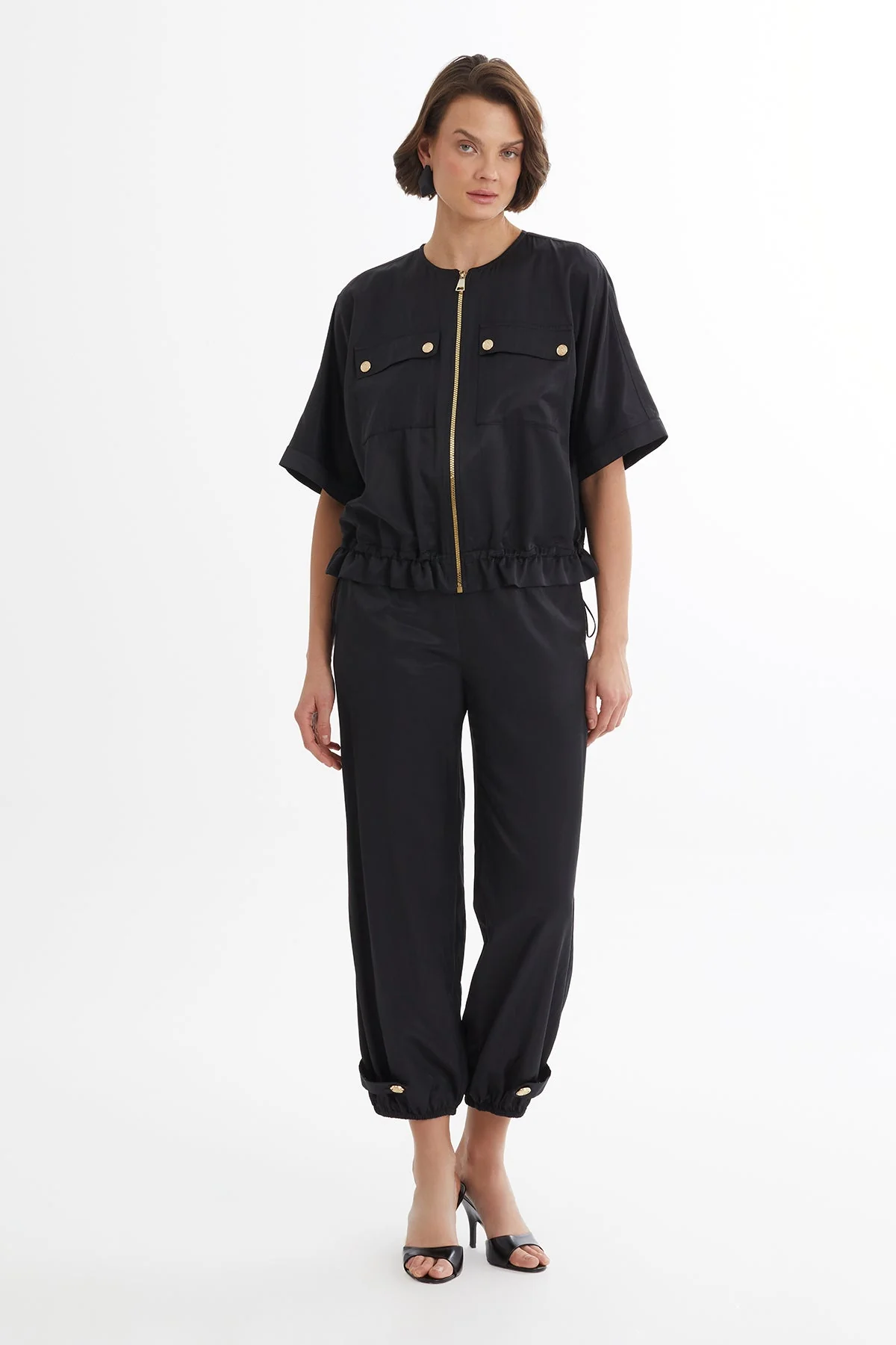 Black Gathered Waist Jacket Track Set - Image 3