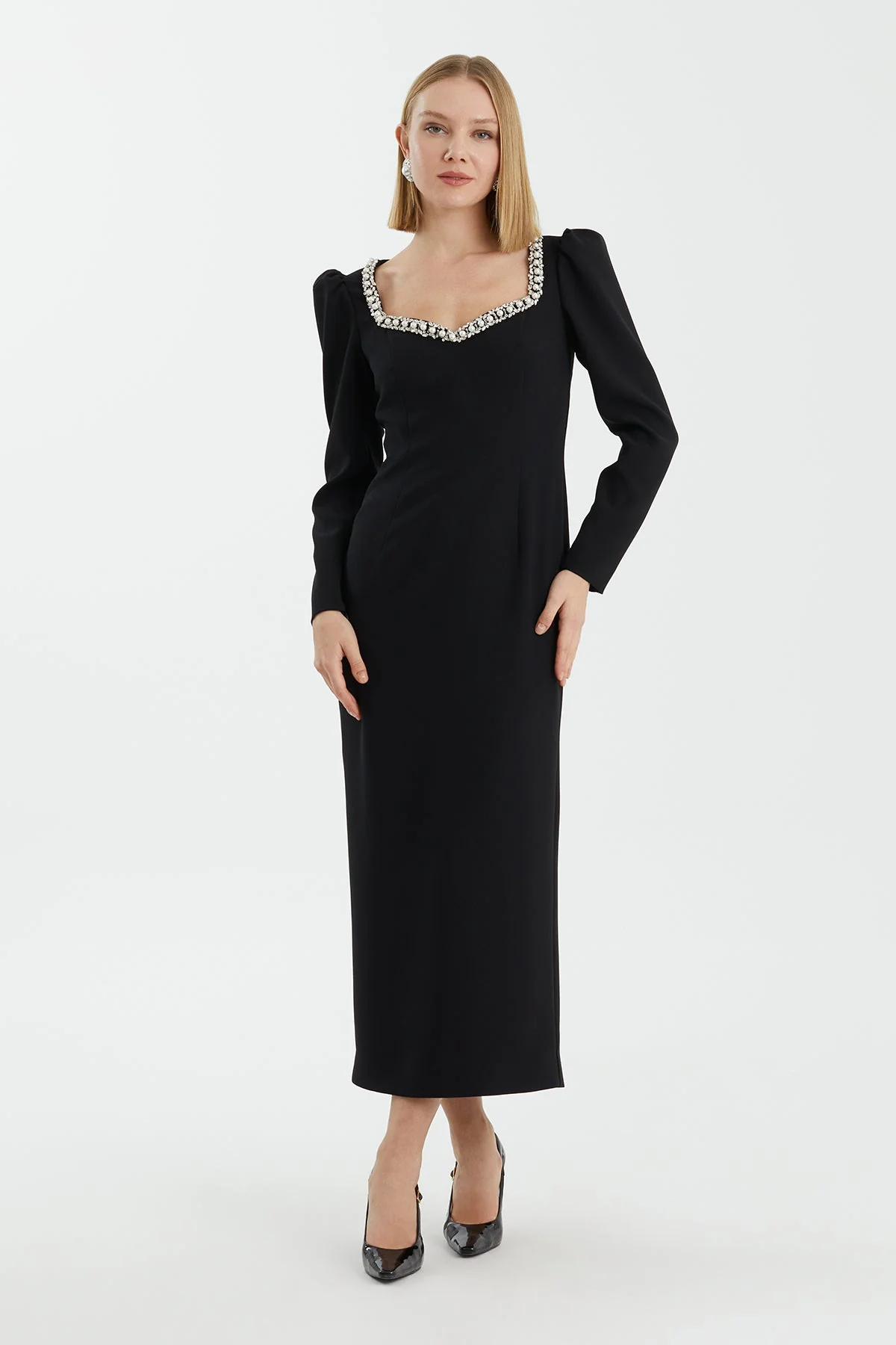 Black Heart-Neck Embellished Dress