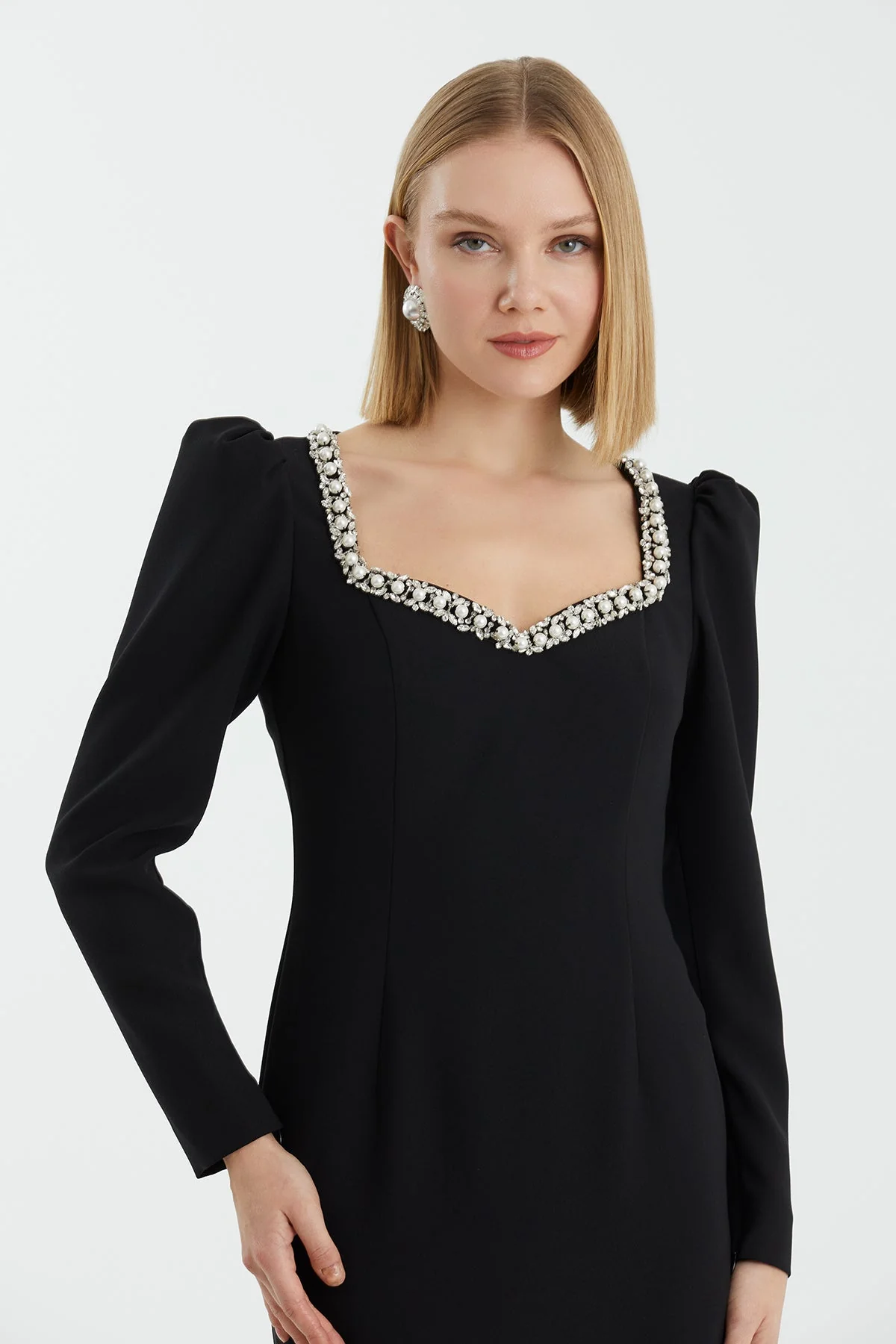 Black Heart-Neck Embellished Dress - Image 2