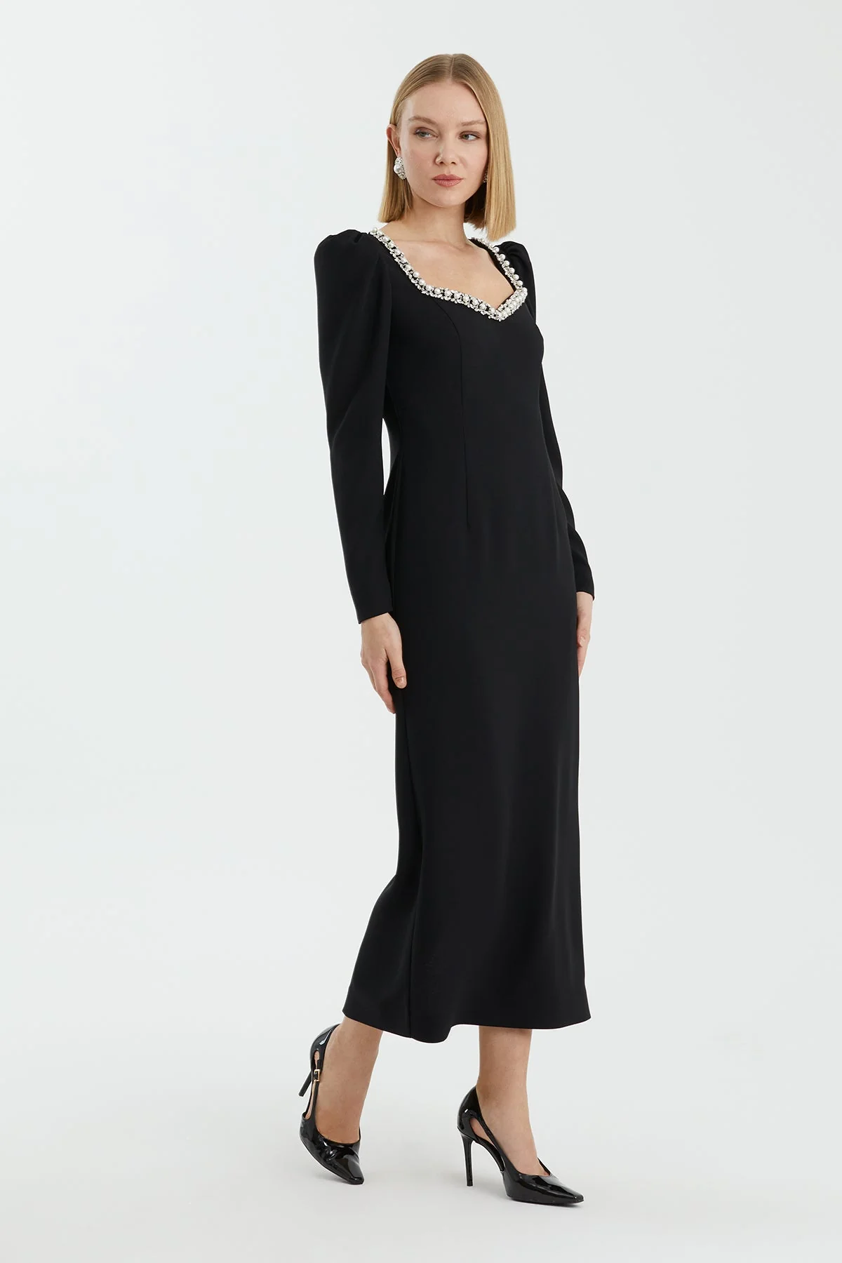 Black Heart-Neck Embellished Dress - Image 3