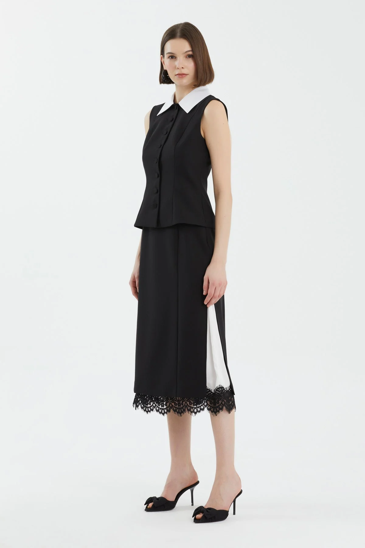 Black Lace-Detail Skirt Vest Set - Image 4