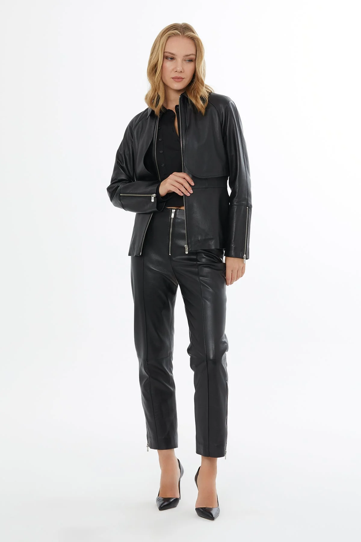 Black Leather Jacket with Button Details