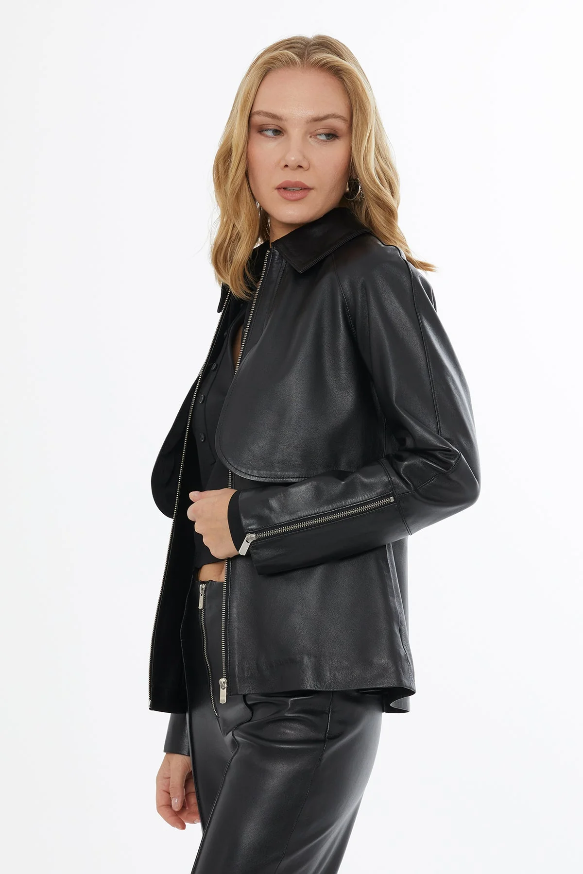 Black Leather Jacket with Button Details - Image 3