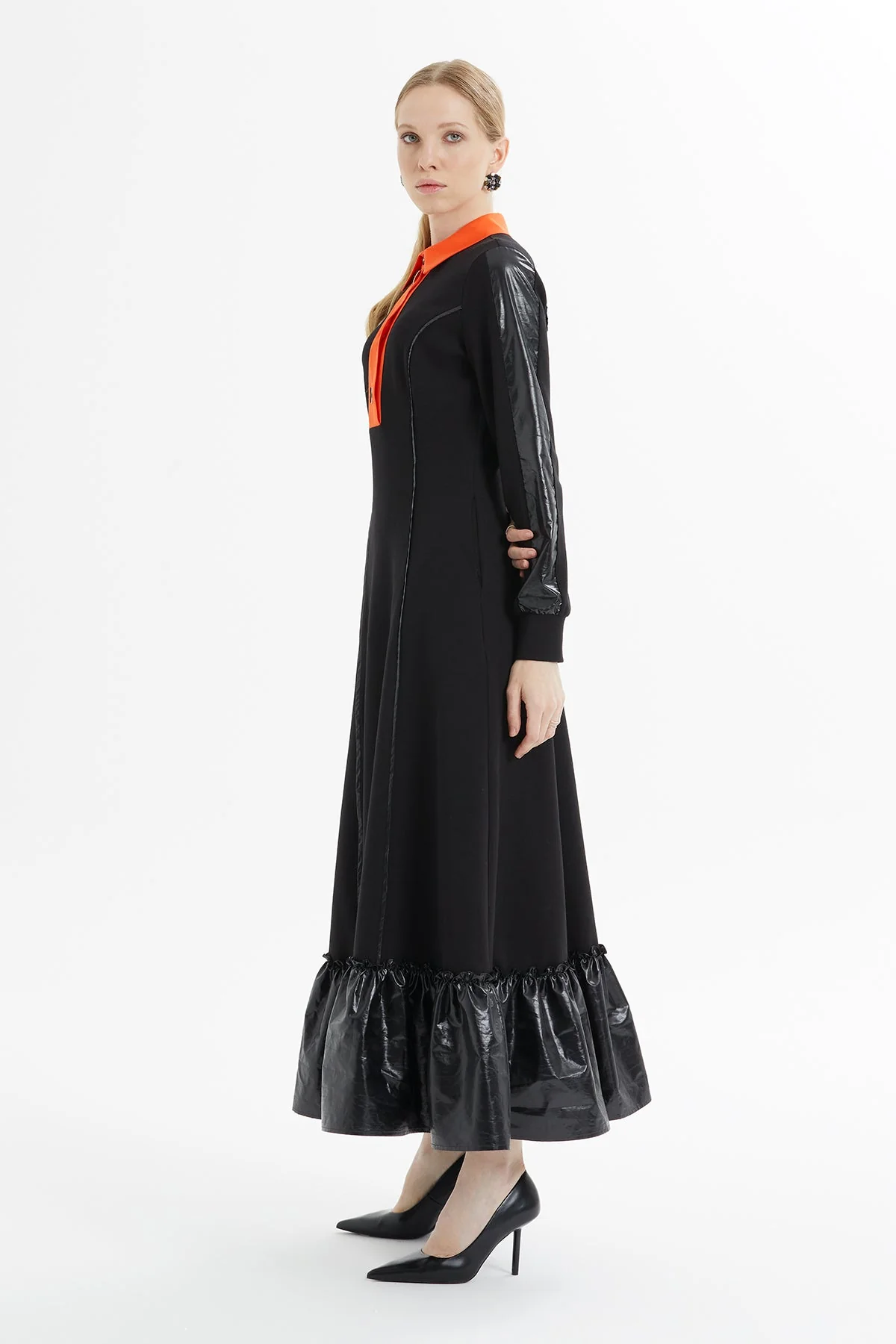 Black Maxi Dress with Orange Collar - Image 4