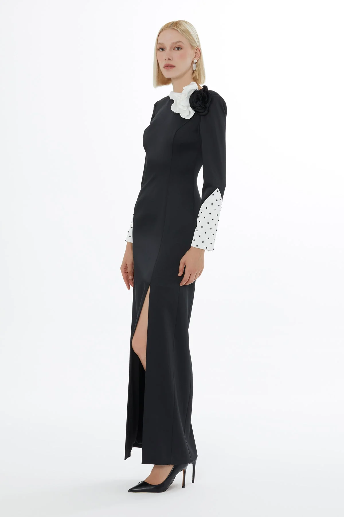 Black Maxi Dress with Rose Detail - Image 2