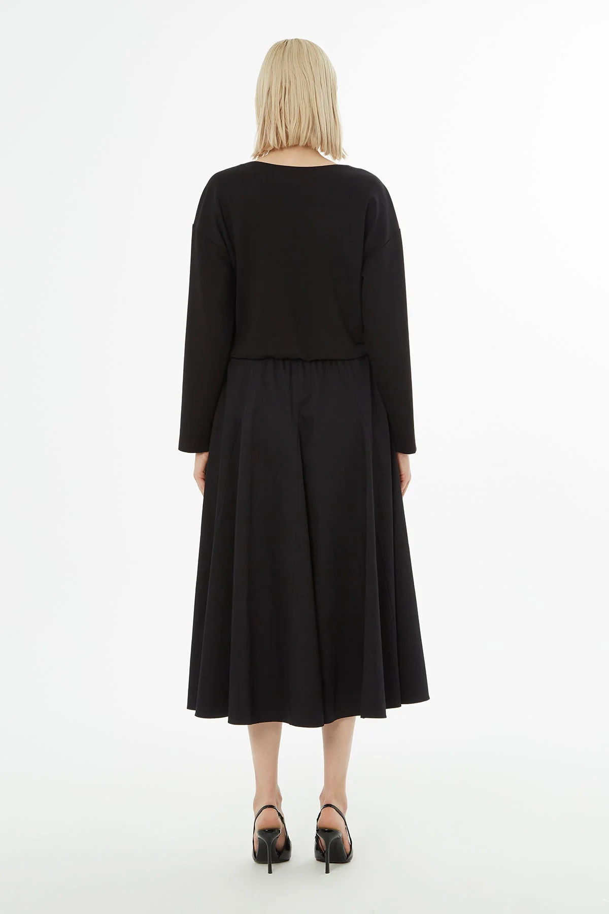 Black Midi Dress with Elastic Waist - Image 4