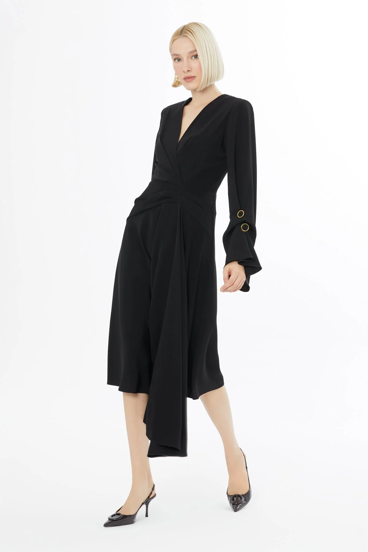 Black Midi Dress with Flared Sleeves - Image 3