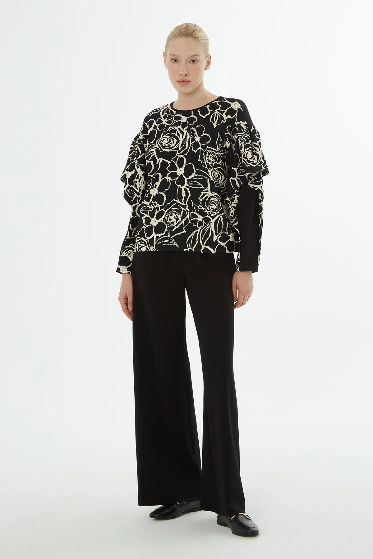 Black Patterned Blouse Detail Set
