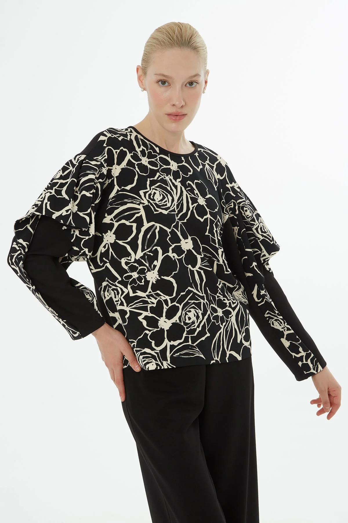 Black Patterned Blouse Detail Set - Image 2