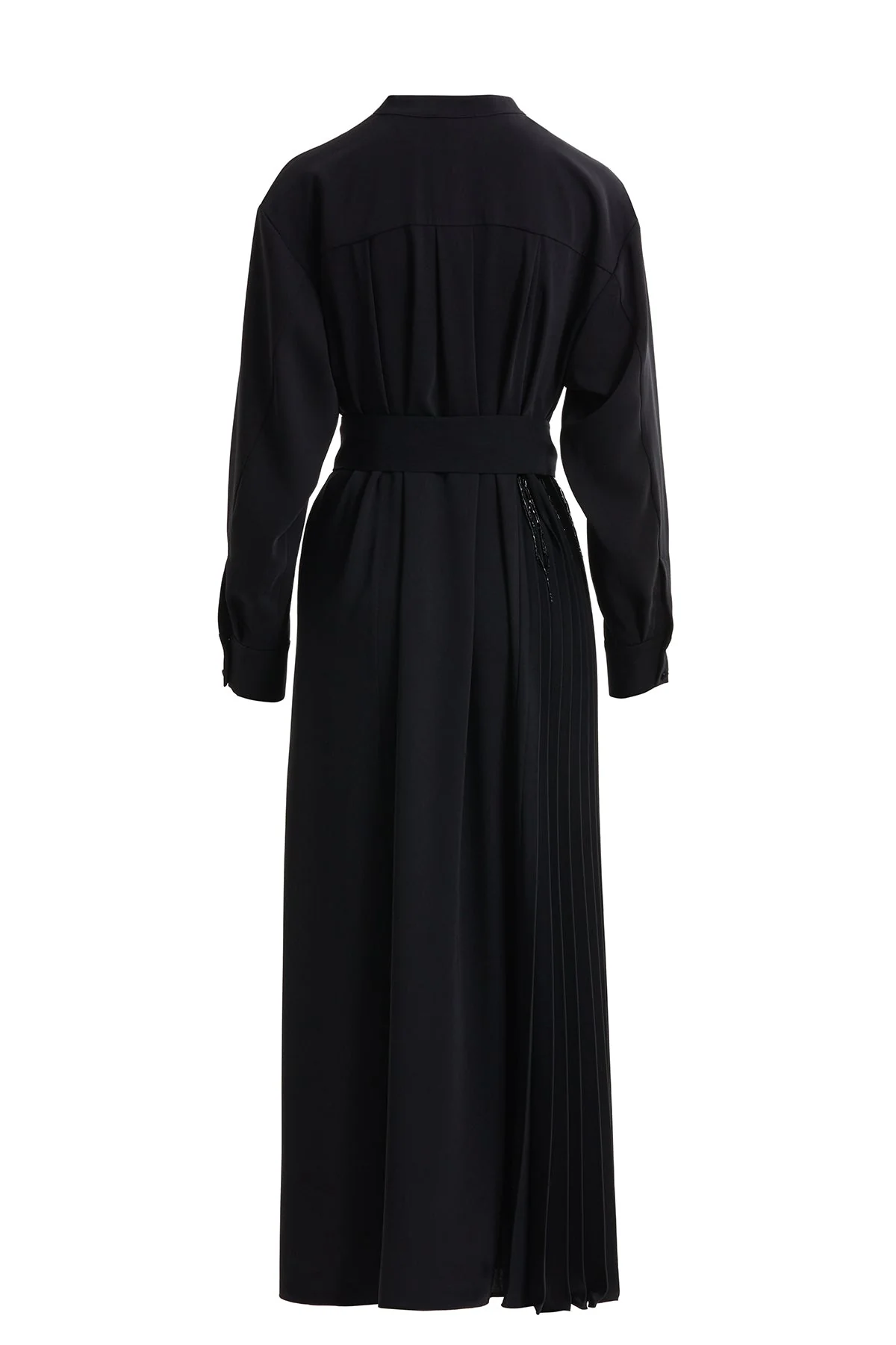 Black Pleated Belted Long Dress - Image 3