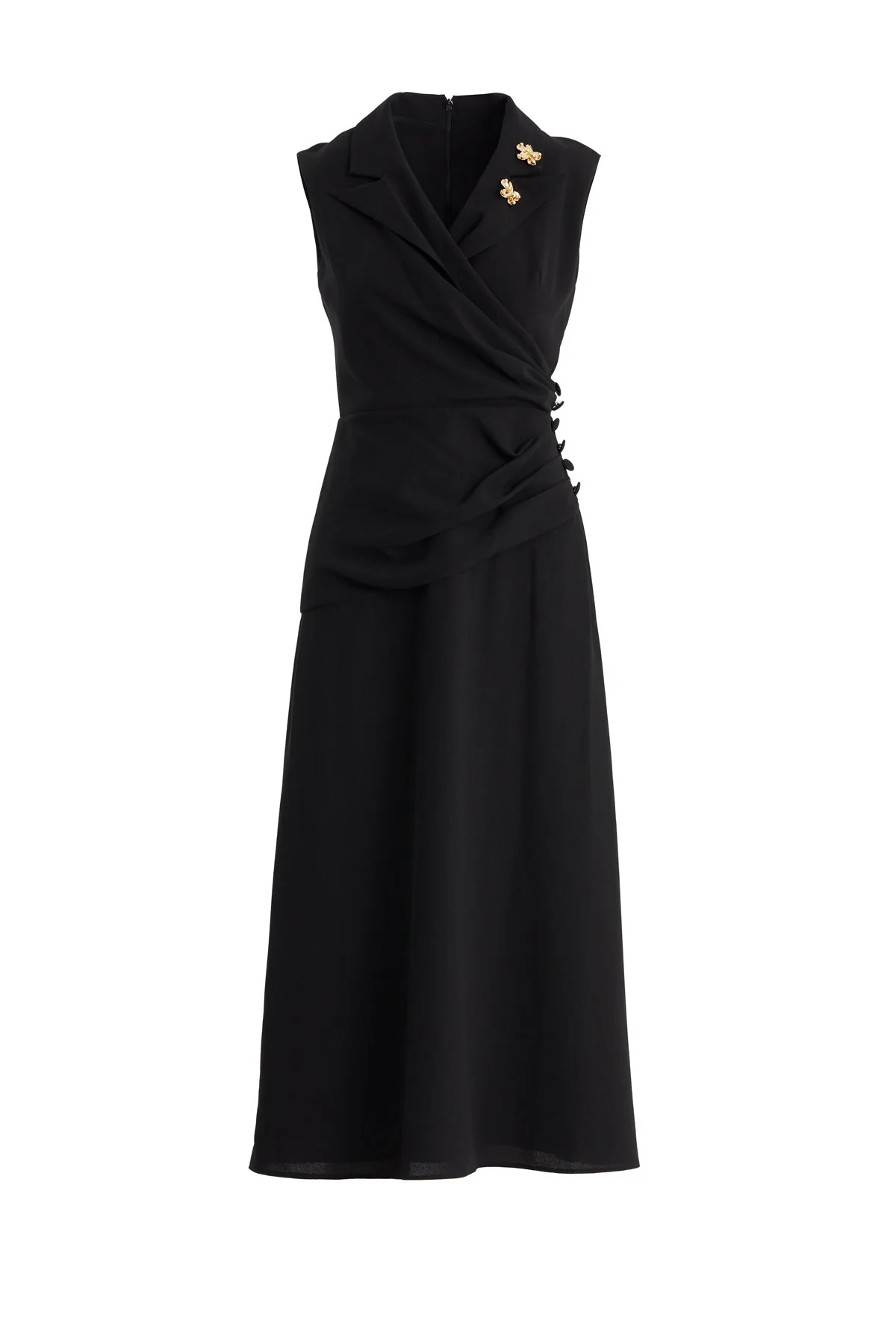 Black Pleated Waist Brooch Detail Midi Dress