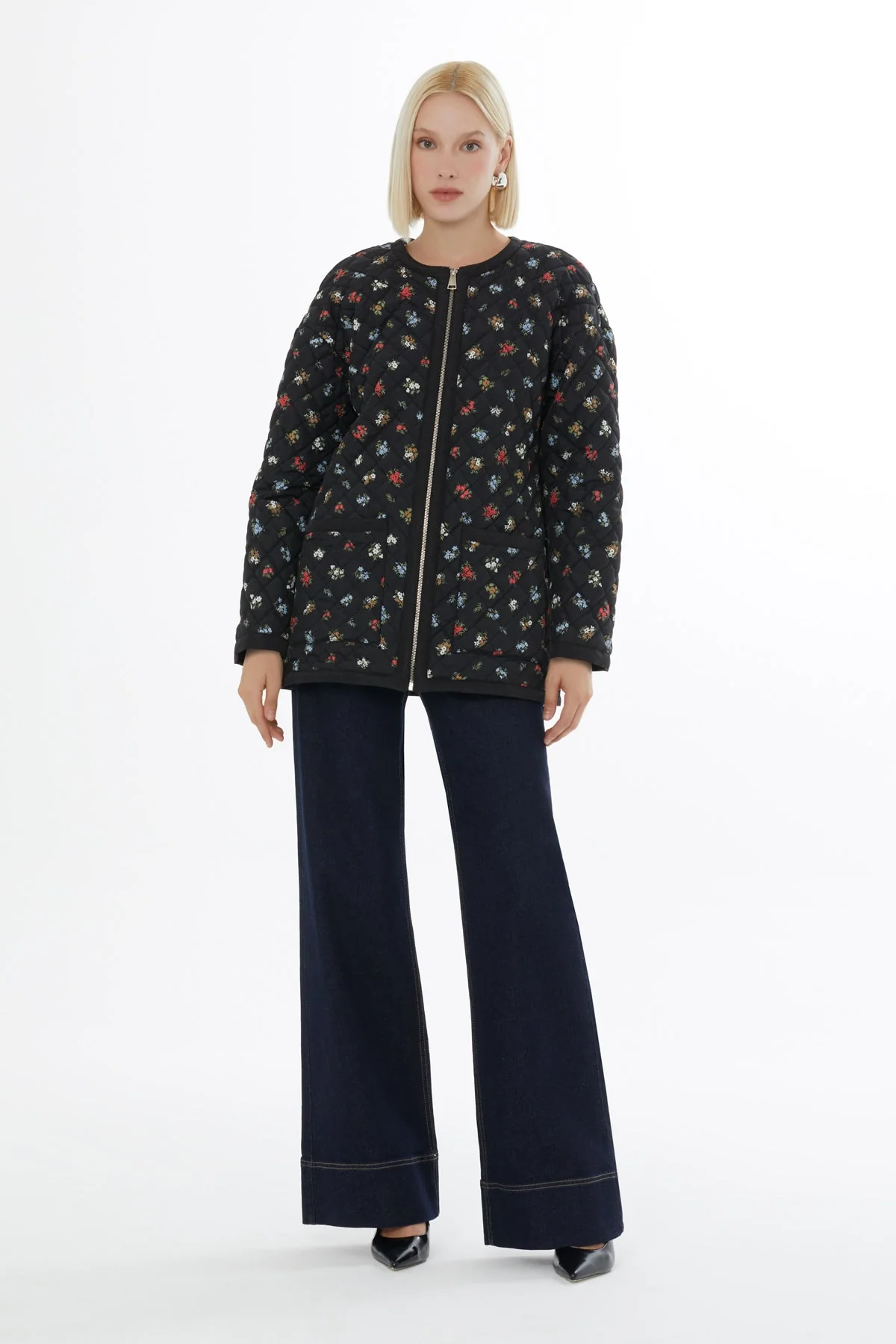 Black Quilted Coat with Floral Pattern