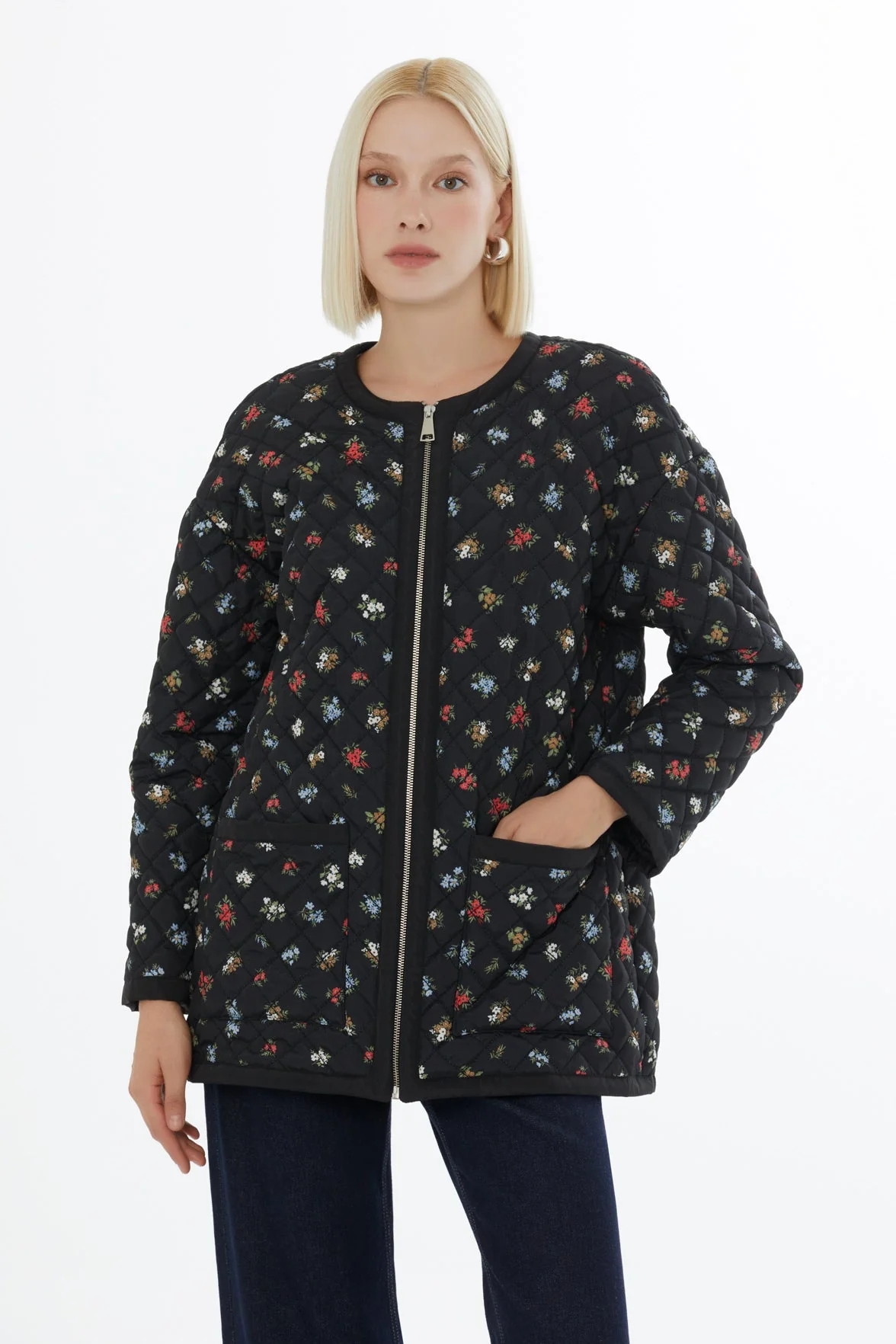 Black Quilted Coat with Floral Pattern - Image 3