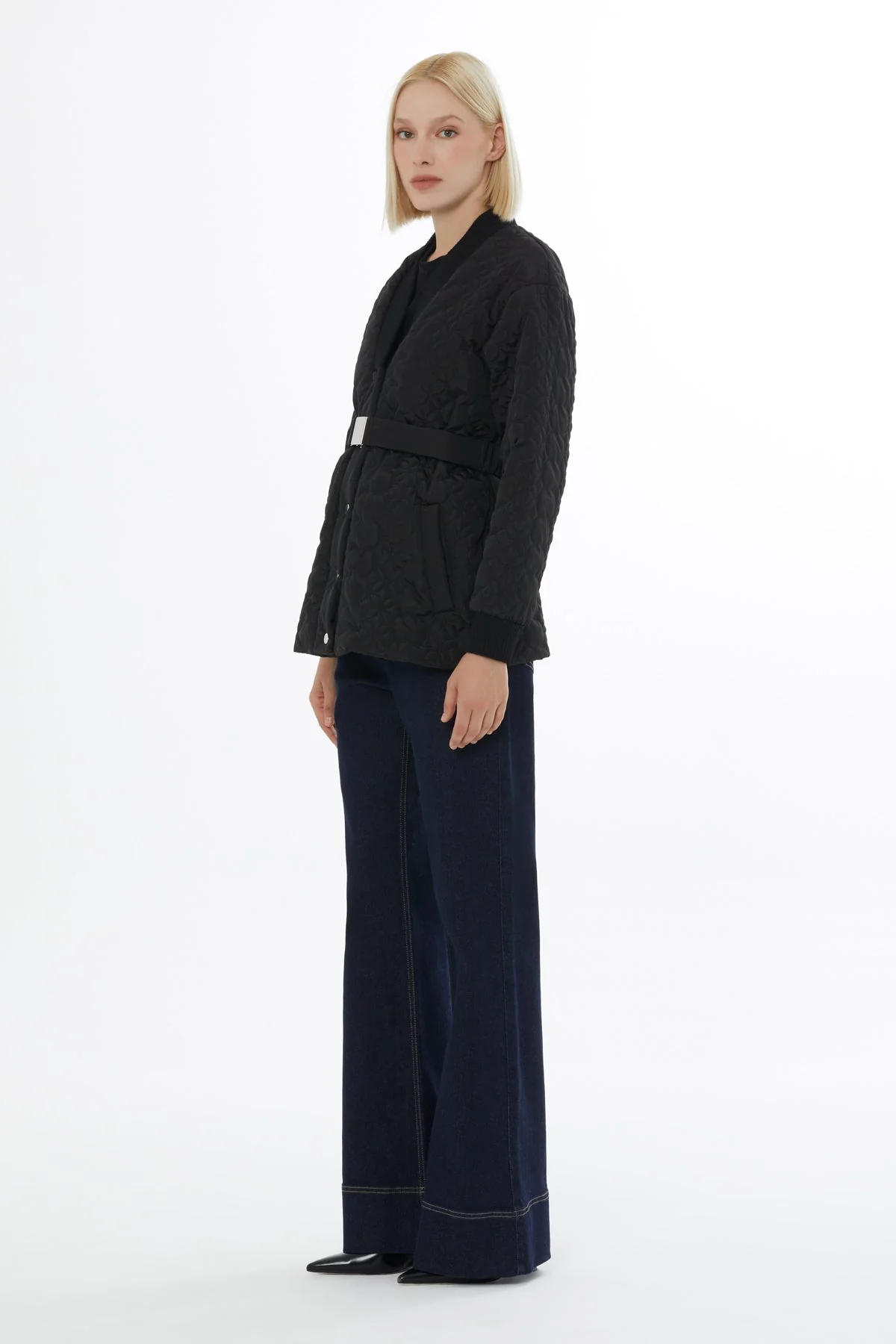 Black Quilted Jacket with Belt - Image 2