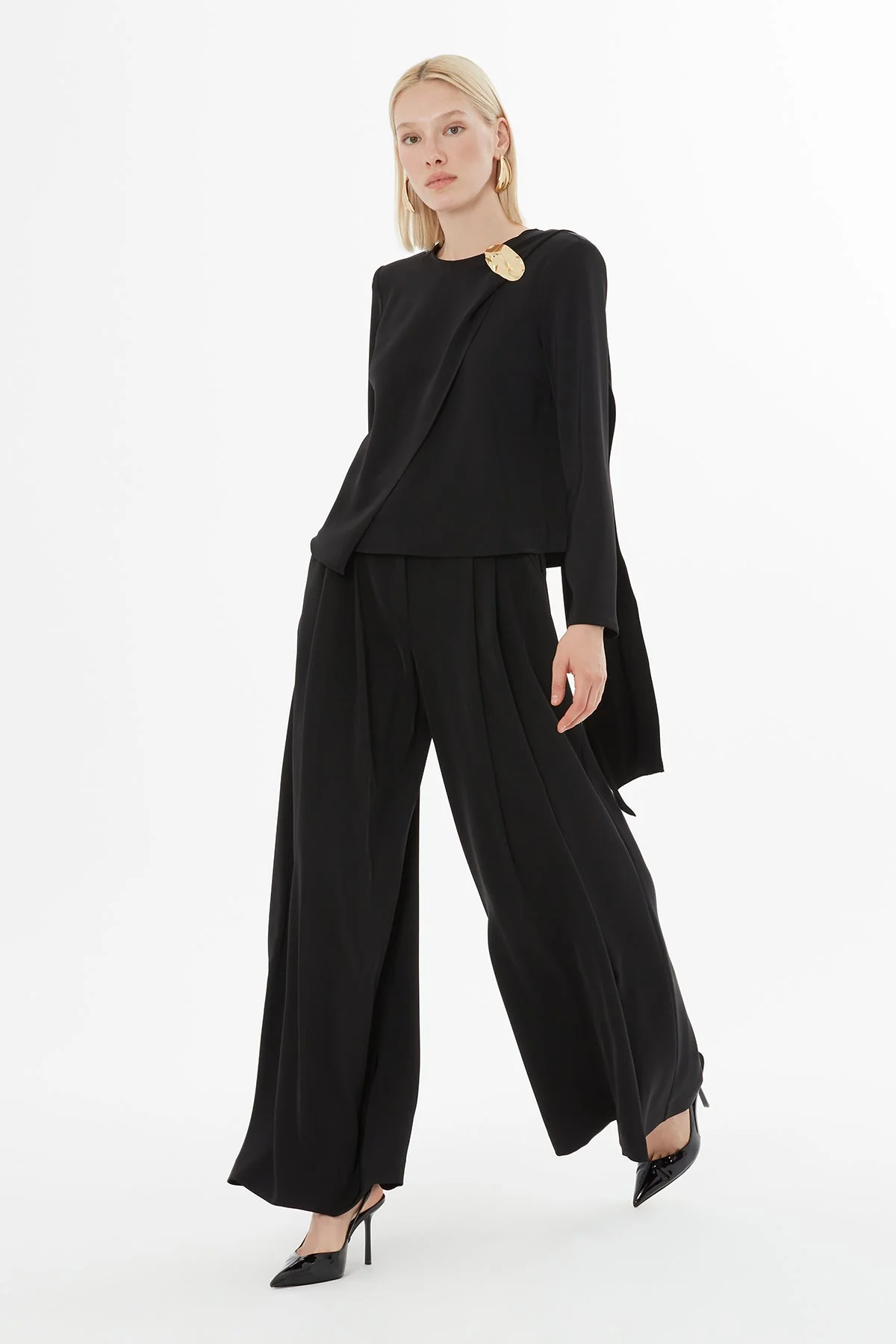 Black Shawl-Detail Blouse Set
