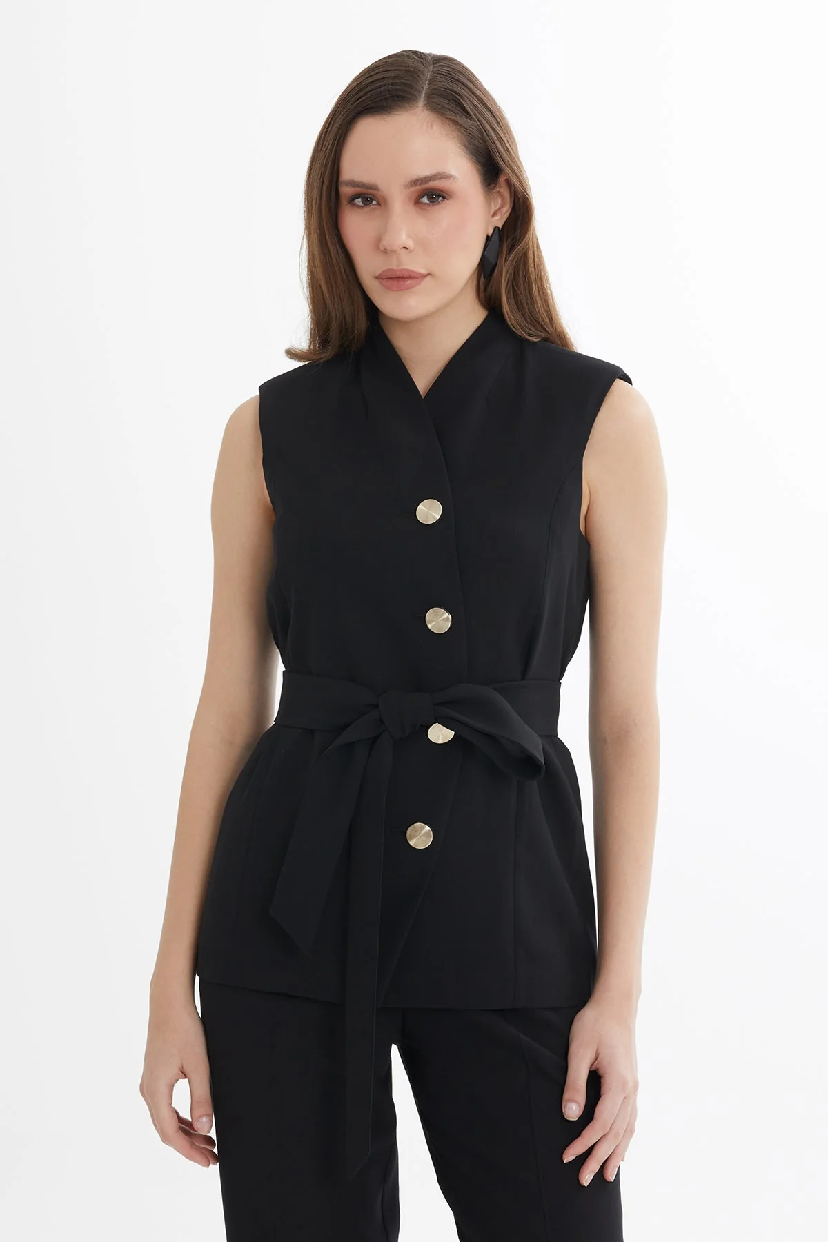 Black Tie Detail Wool-Linen Vest - Image 2