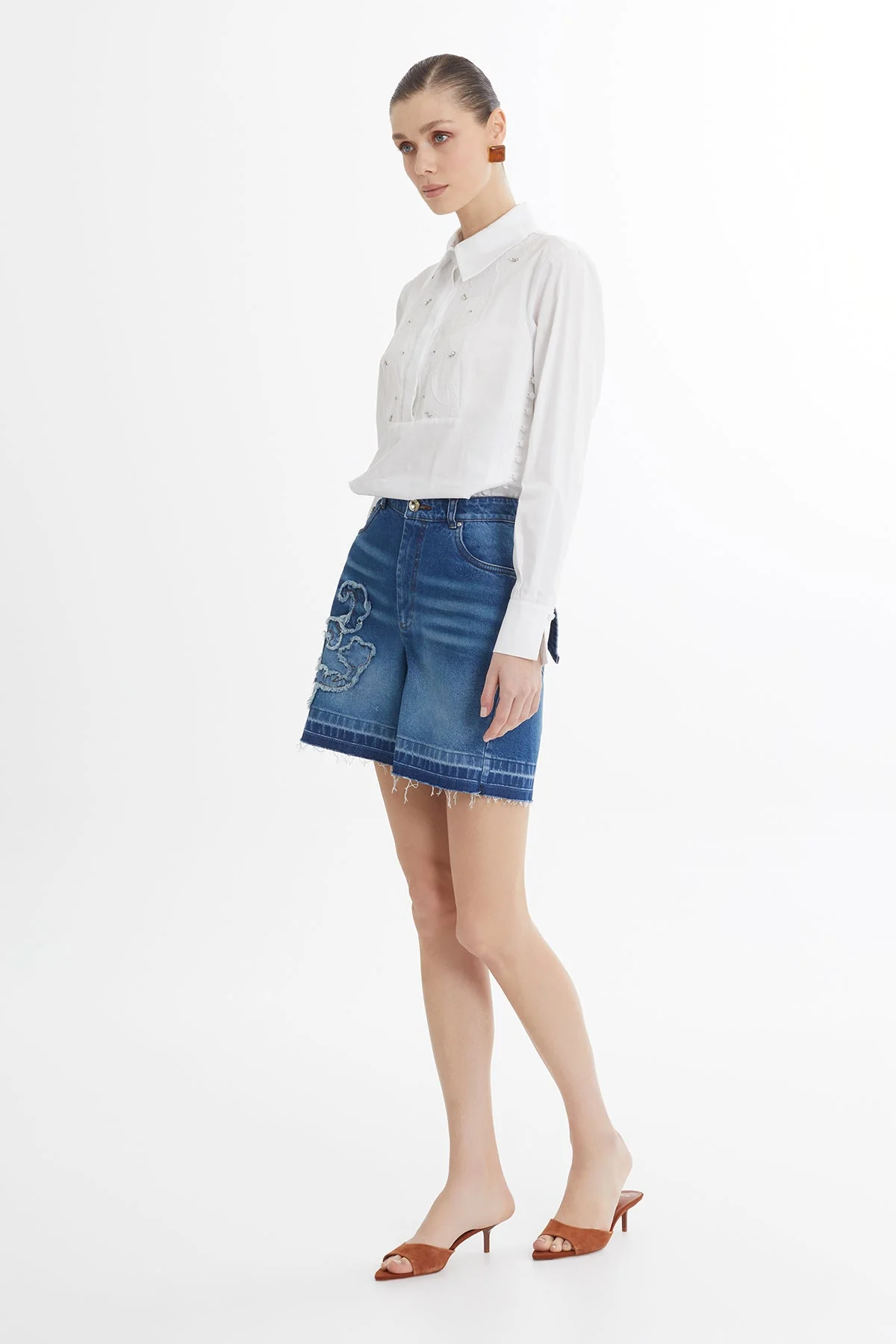 Blue Asymmetric Embroidered Denim Shorts - Image 3