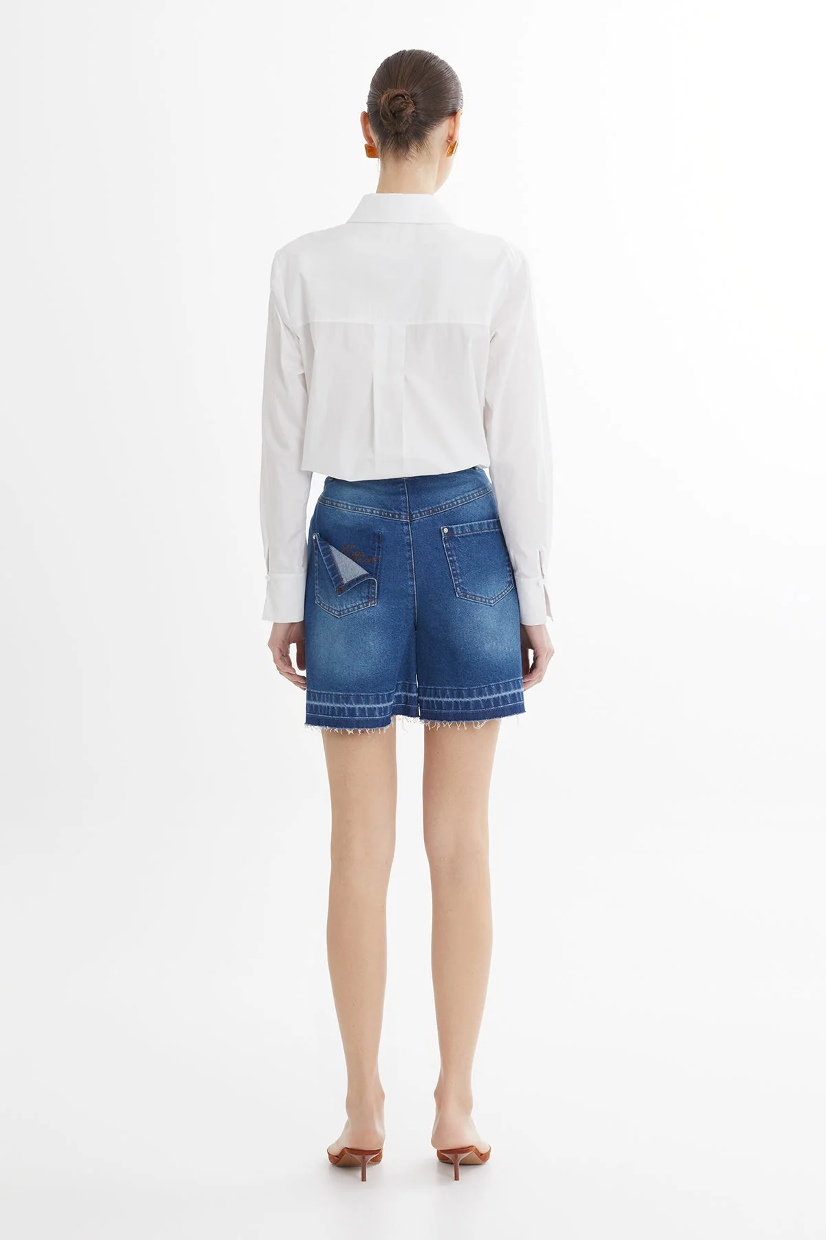Blue Asymmetric Embroidered Denim Shorts - Image 5