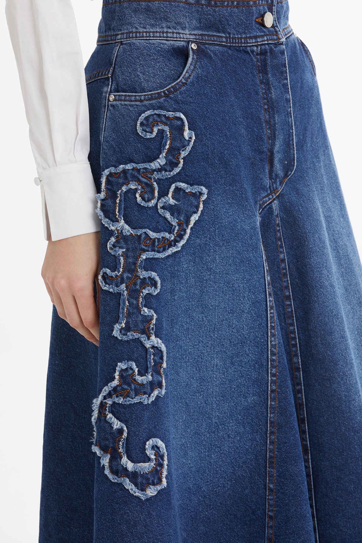 Blue Asymmetric Embroidered Denim Skirt - Image 3