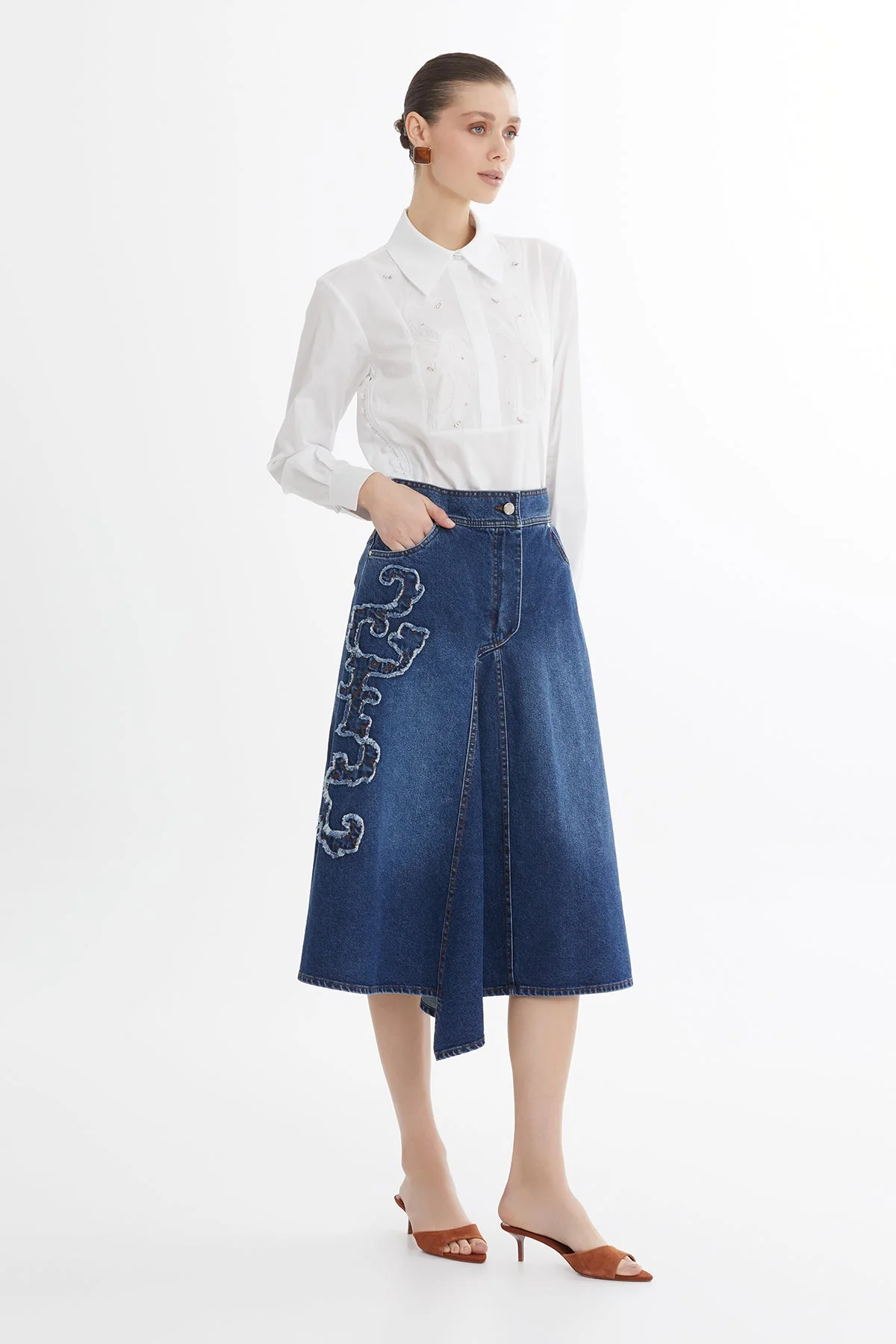 Blue Asymmetric Embroidered Denim Skirt - Image 4