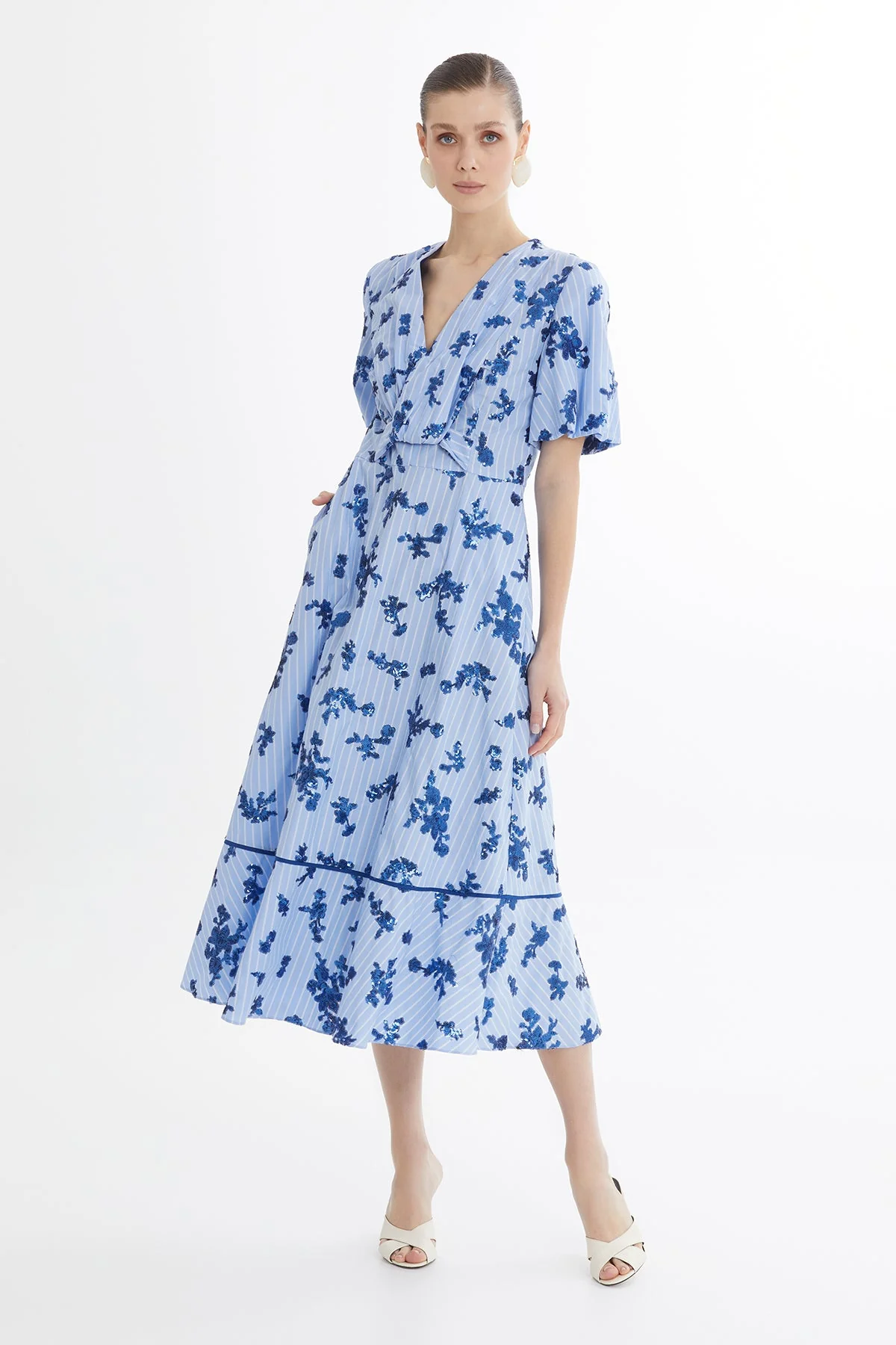 Blue Balloon Sleeve Sequin Poplin Dress - Image 3