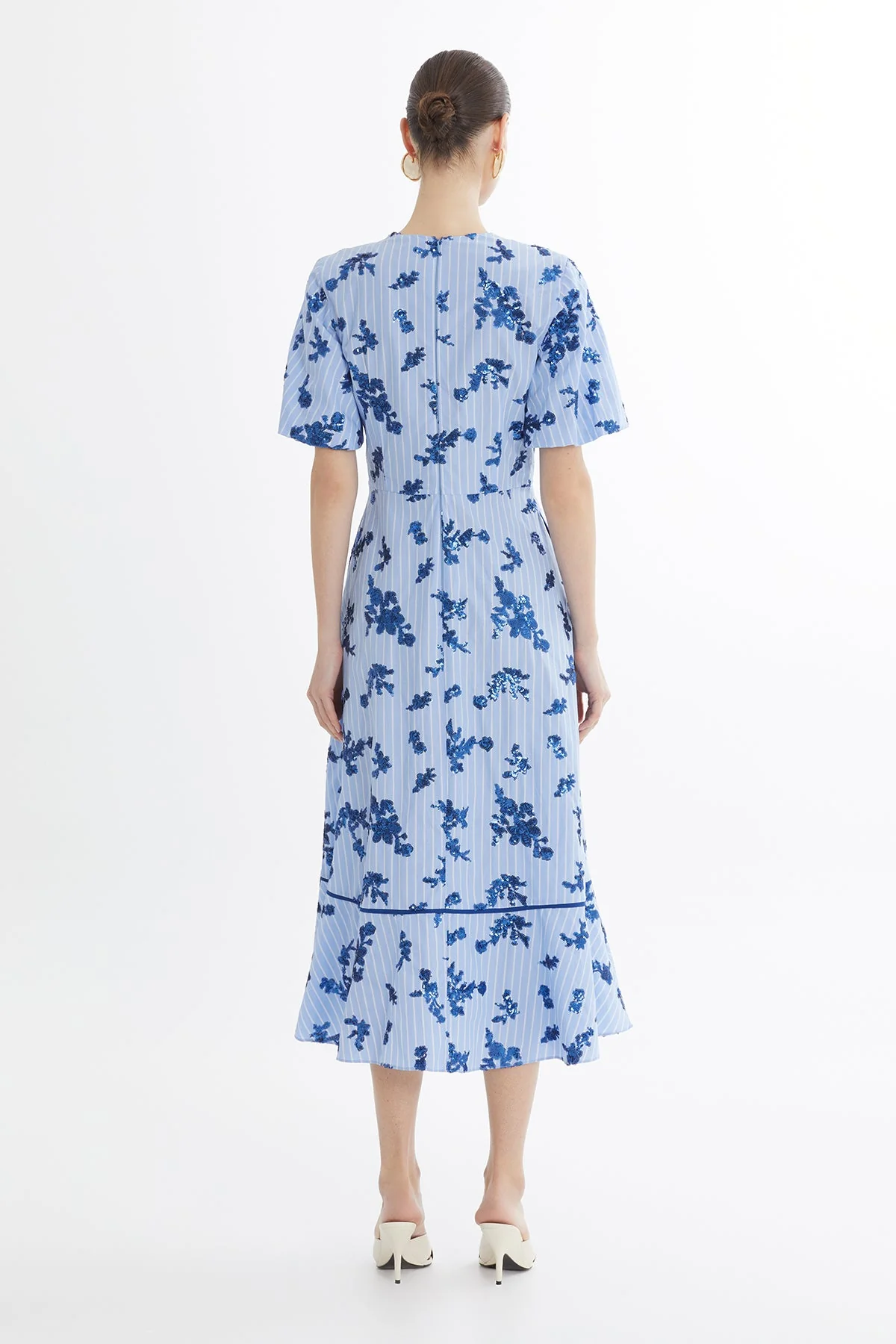 Blue Balloon Sleeve Sequin Poplin Dress - Image 4