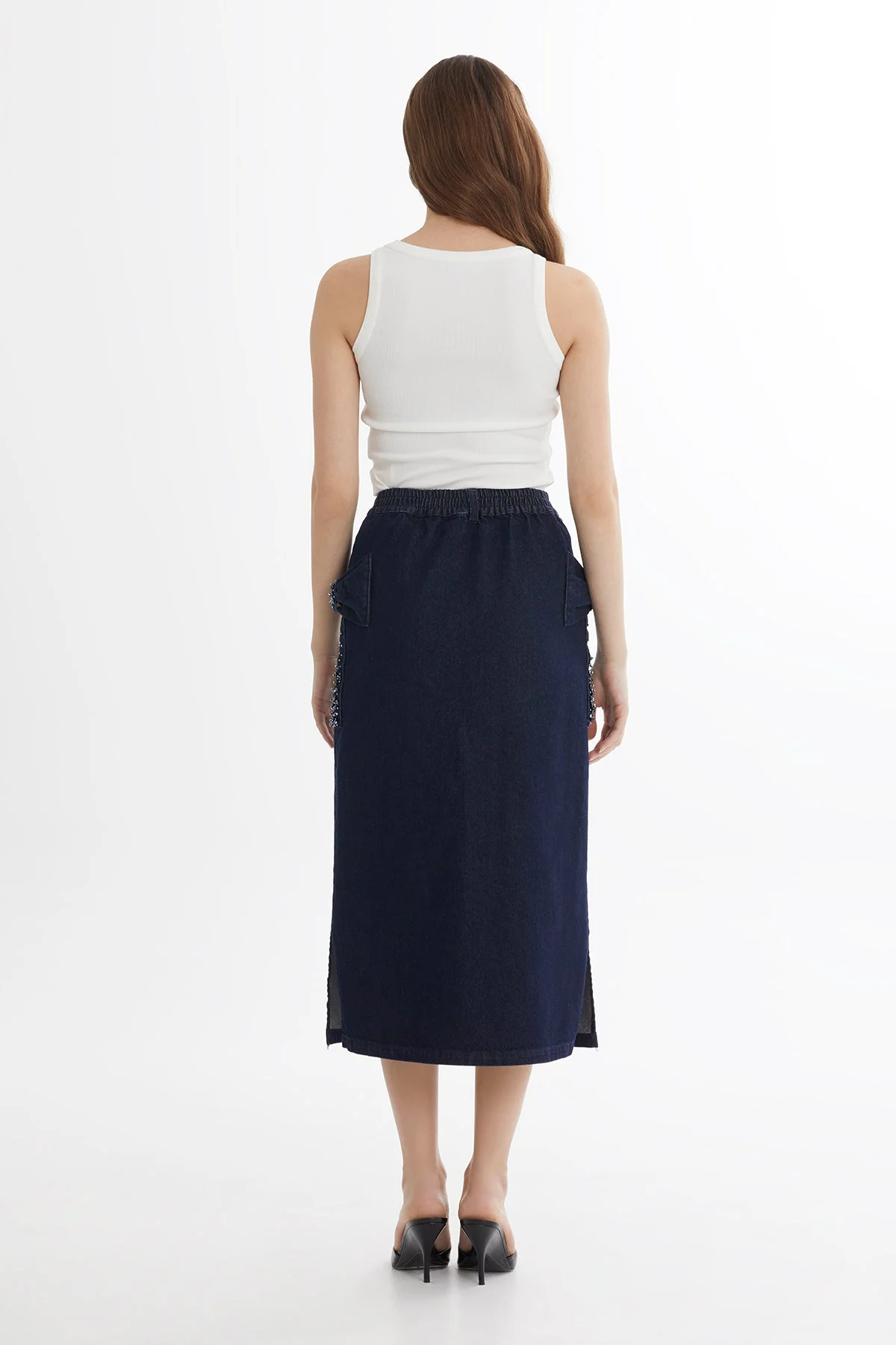 Blue Bow Detail Denim Midi Skirt - Image 4