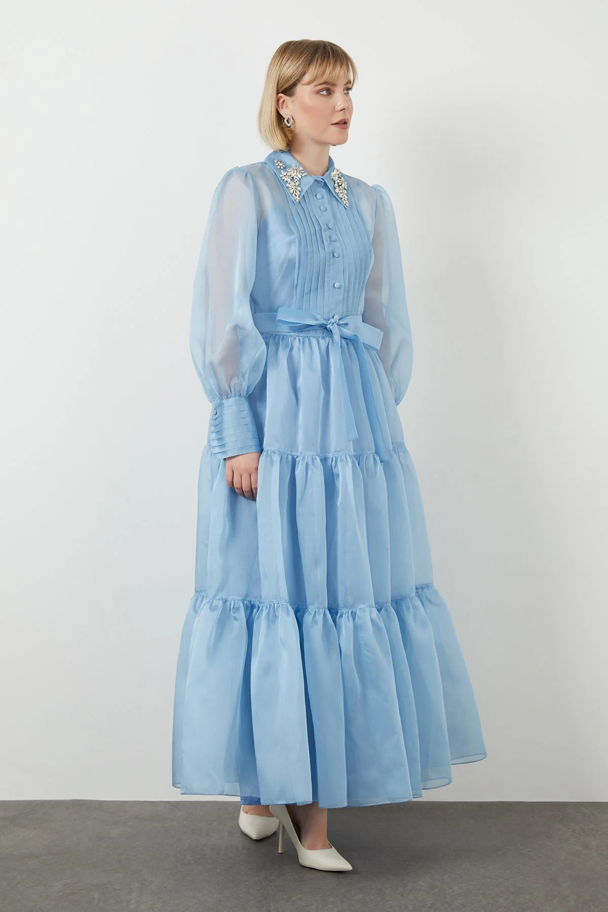 Blue Embroidered-Collar Button-Front Midi Dress - Image 4