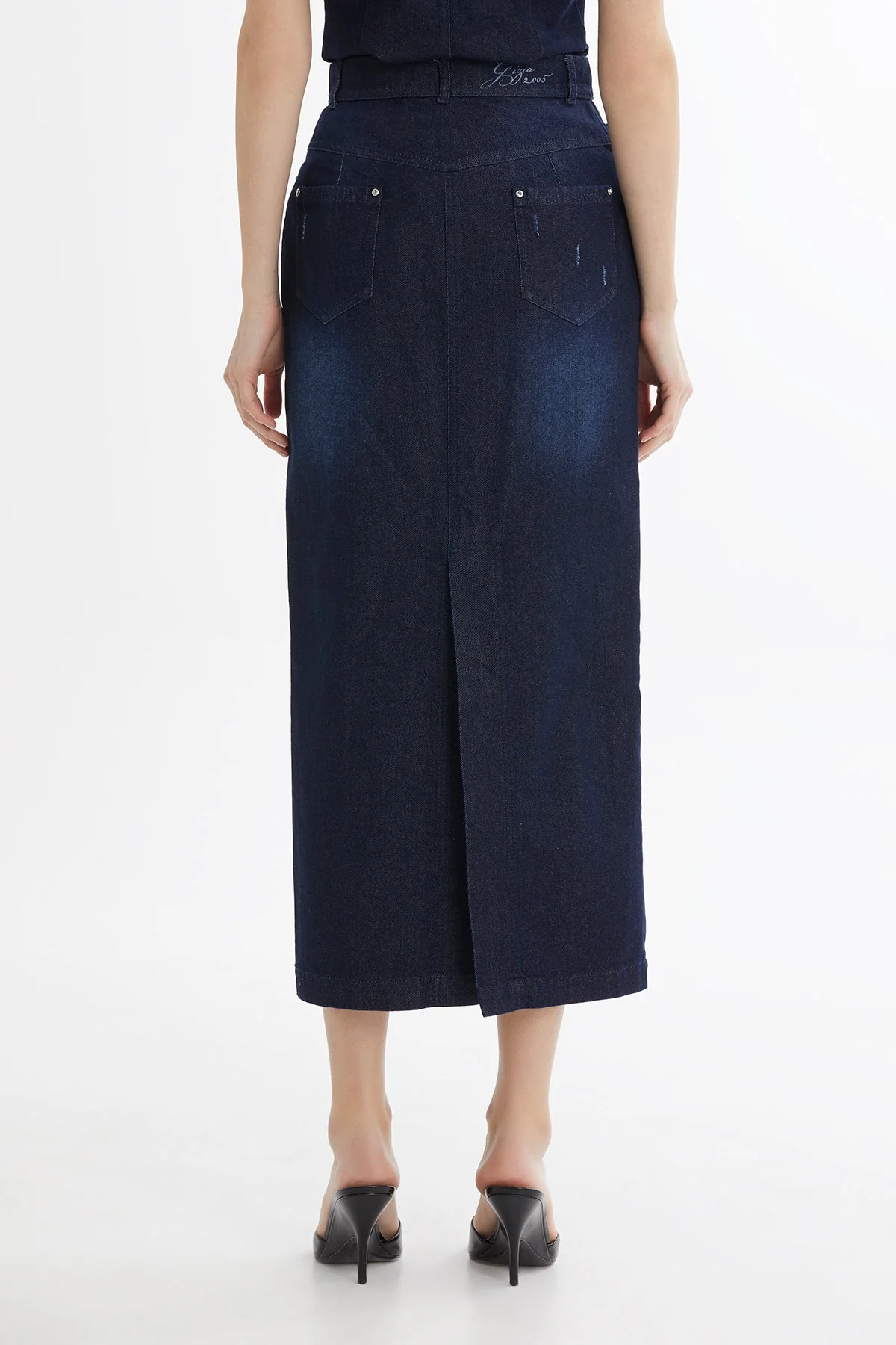 Blue Embroidered Denim Pencil Skirt - Image 4