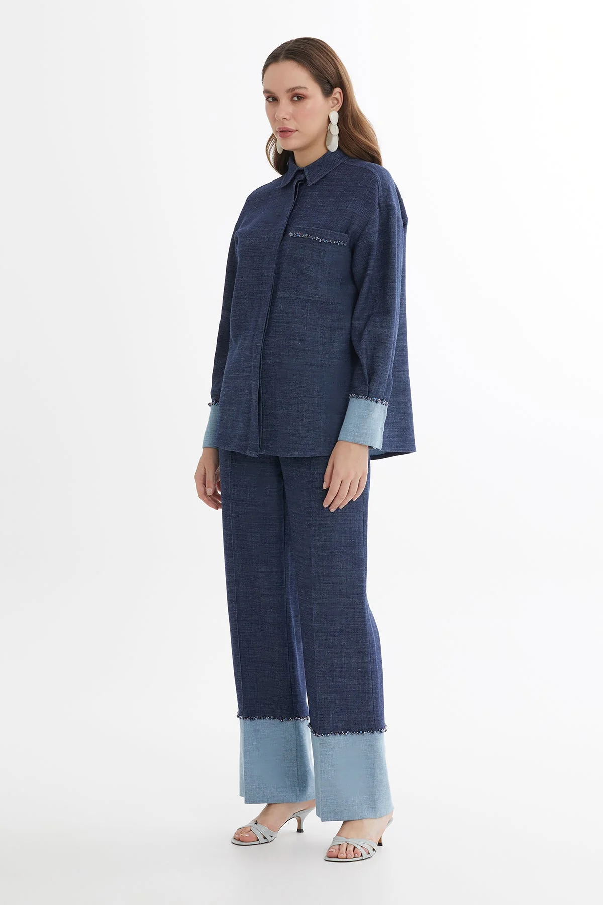 Blue Embroidered Linen Shirt - Image 4