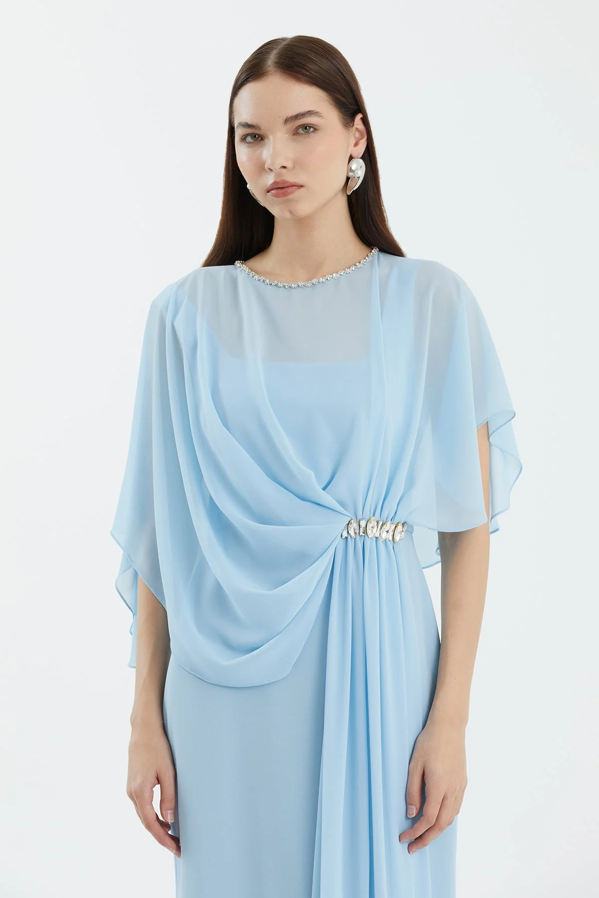 Blue Embroidered Pleated Asymmetric Dress - Image 2