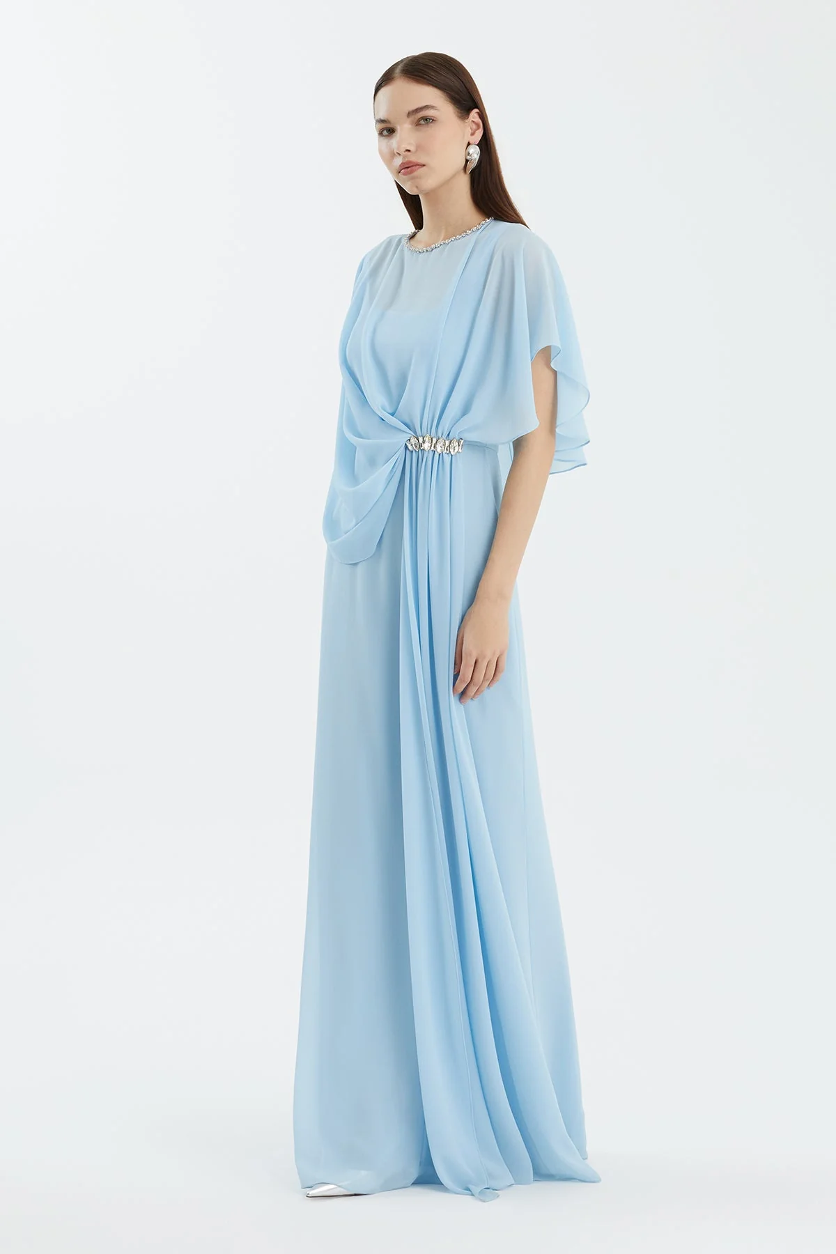 Blue Embroidered Pleated Asymmetric Dress - Image 3