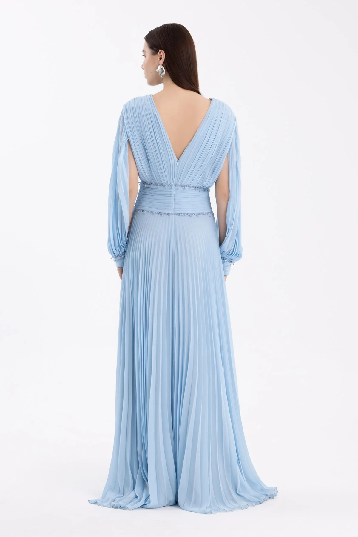 Blue Embroidered Pleated Dress - Image 4