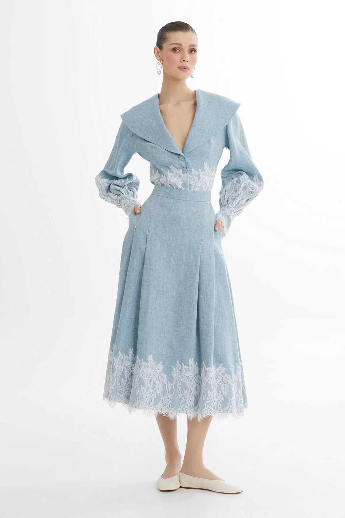 Blue Lace Trim Linen Midi Skirt