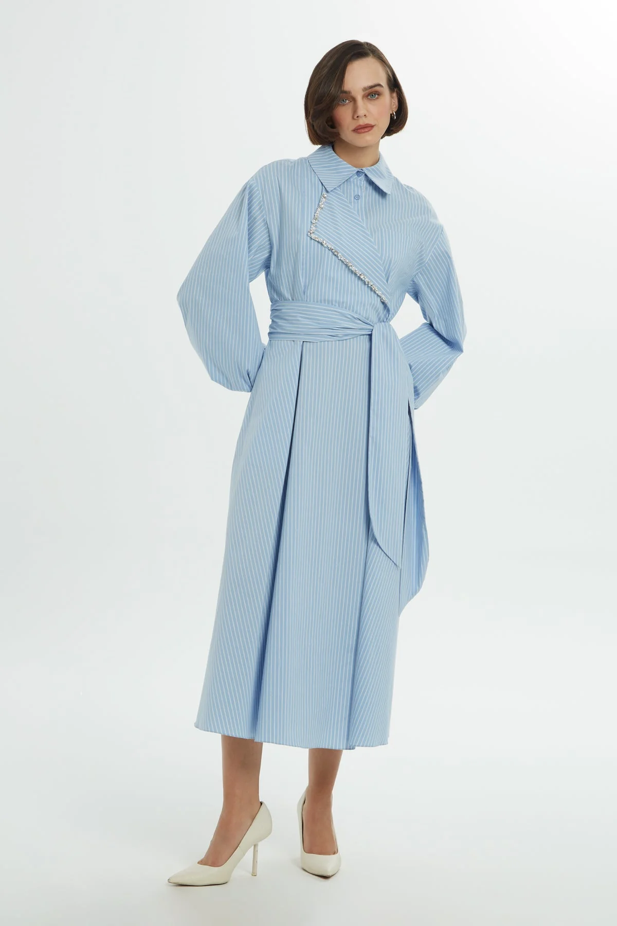 Blue Midi Dress with Shirt Collar