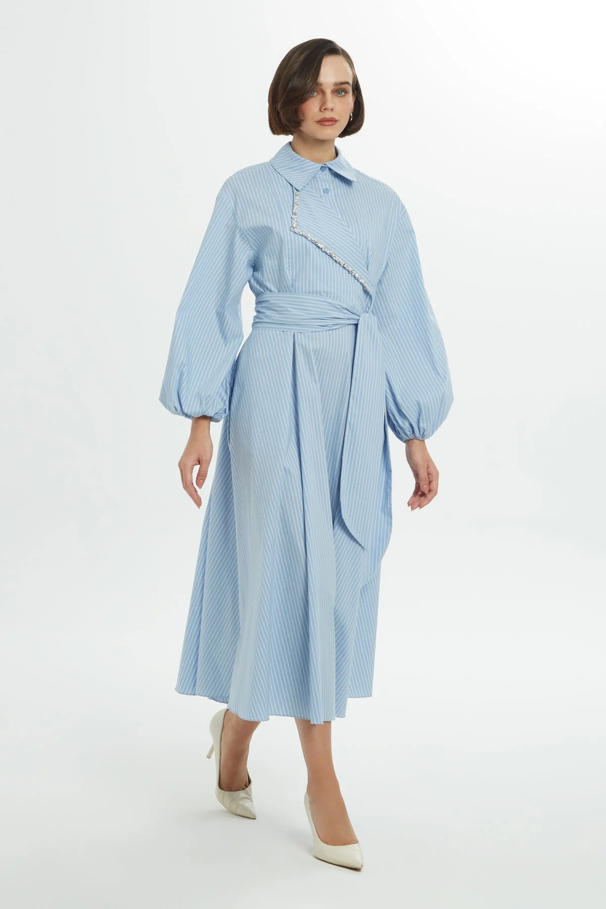 Blue Midi Dress with Shirt Collar - Image 4