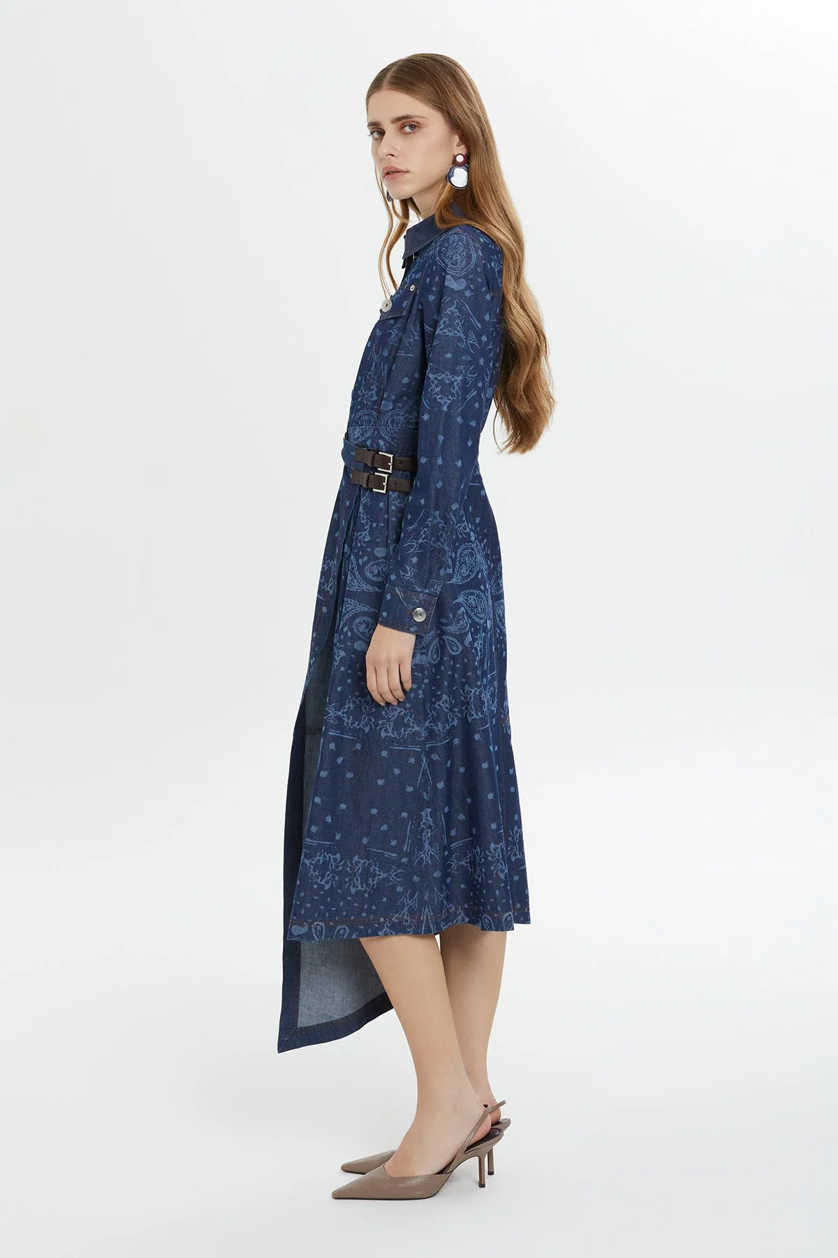 Blue Patterned Slit Midi Dress - Image 3