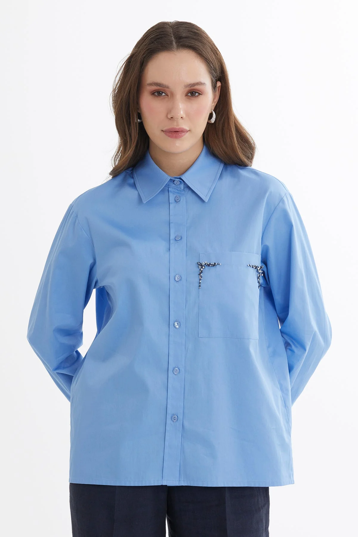 Blue Pleated Embroidered Shirt - Image 2